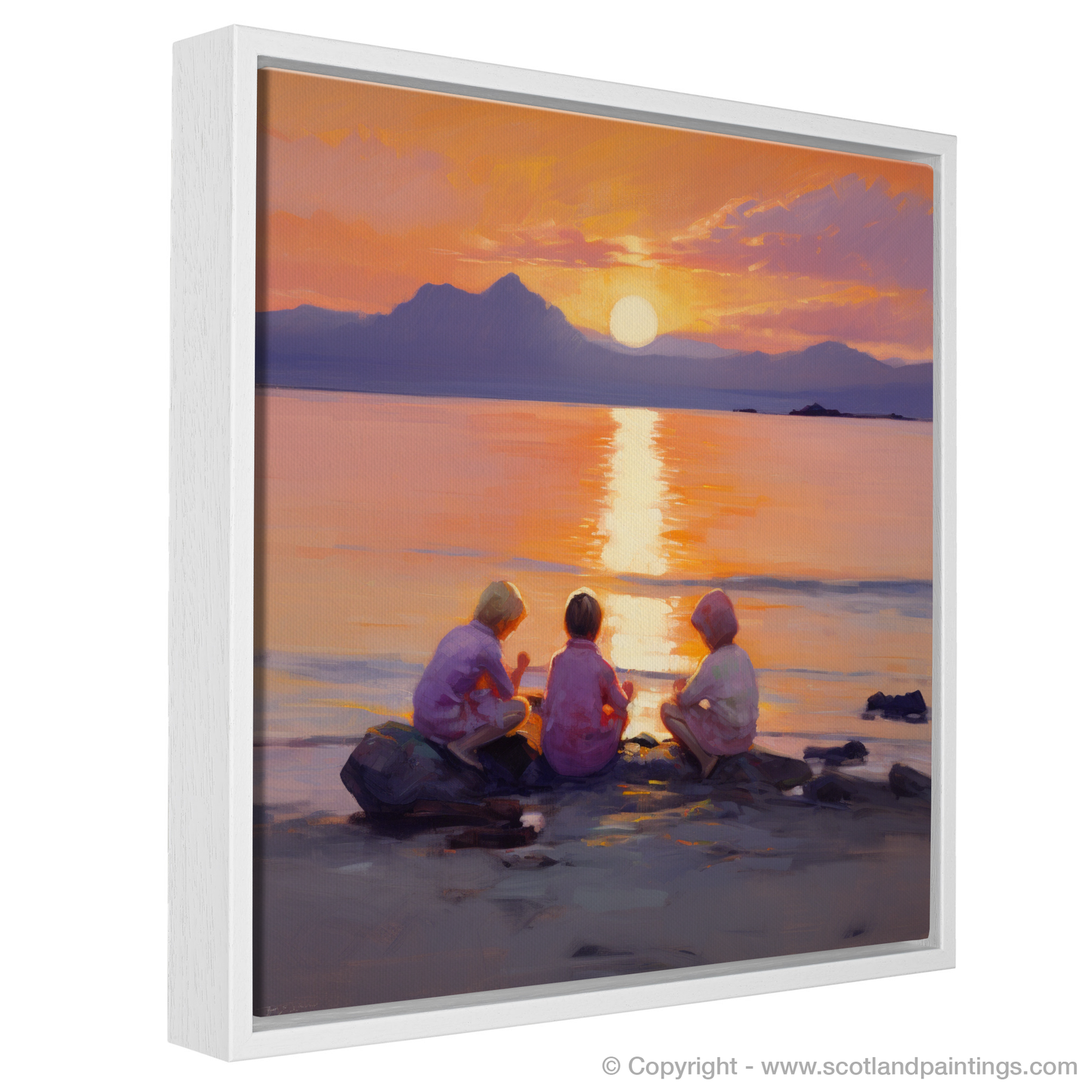 Painting and Art Print of Young explorers watching the sunset over the Isle of Arran from the peaceful Saltcoats Beach entitled "Sunset Serenade at Saltcoats Beach with the Isle of Arran".