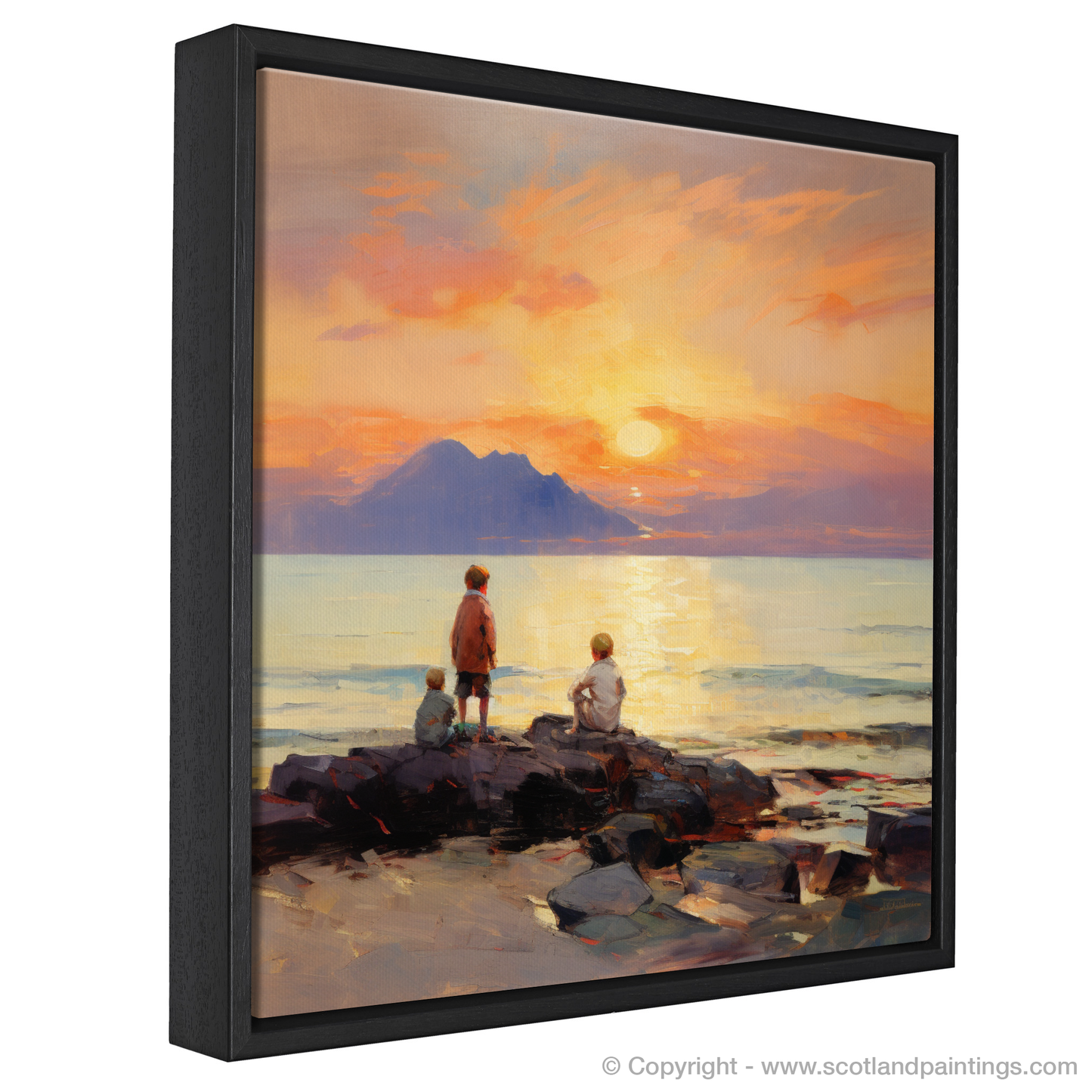 Painting and Art Print of Young explorers watching the sunset over the Isle of Arran from the peaceful Saltcoats Beach entitled "Sunset Wonders on Saltcoats Beach".