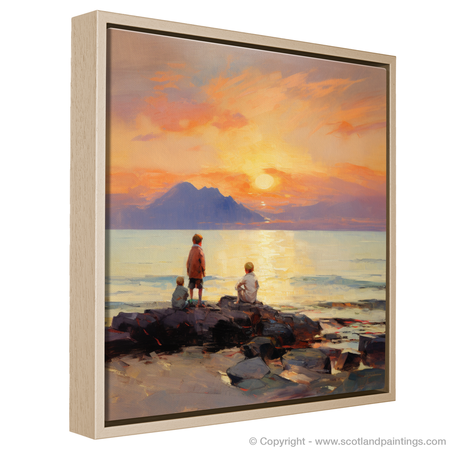 Painting and Art Print of Young explorers watching the sunset over the Isle of Arran from the peaceful Saltcoats Beach entitled "Sunset Wonders on Saltcoats Beach".