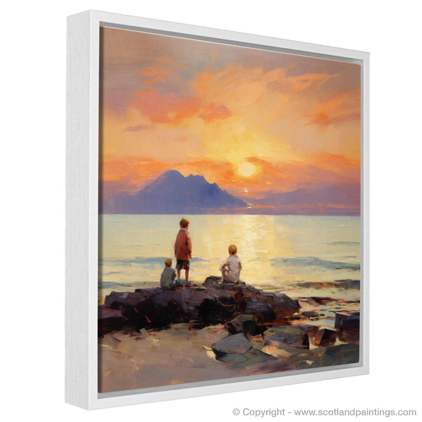 Painting and Art Print of Young explorers watching the sunset over the Isle of Arran from the peaceful Saltcoats Beach entitled "Sunset Wonders on Saltcoats Beach".