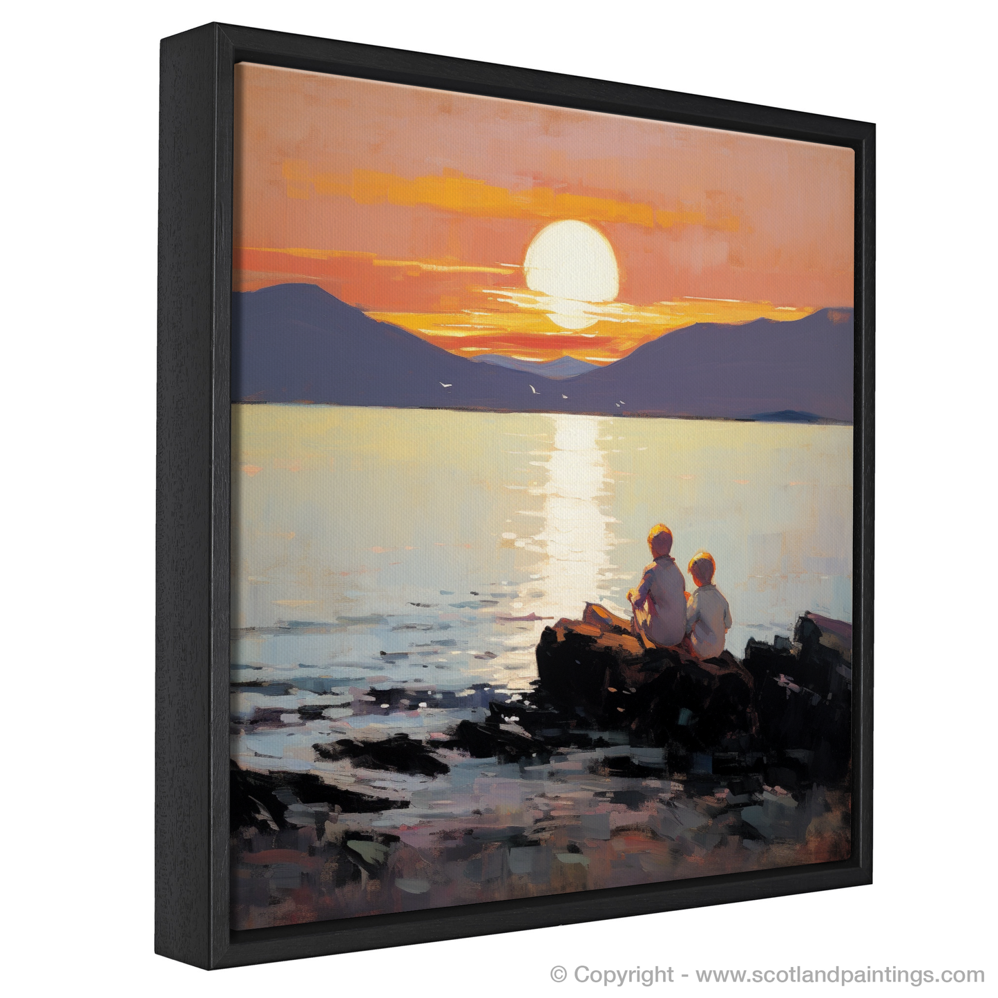 Painting and Art Print of Young explorers watching the sunset over the Isle of Arran from the peaceful Saltcoats Beach entitled "Sunset Serenity on Saltcoats Beach".