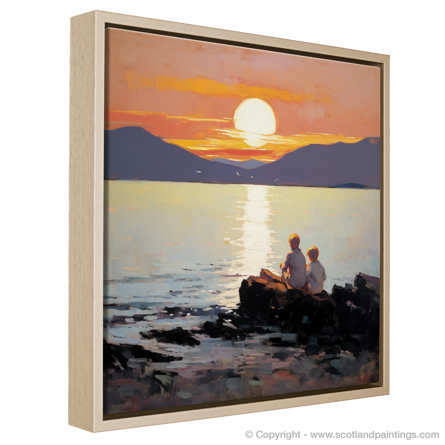 Painting and Art Print of Young explorers watching the sunset over the Isle of Arran from the peaceful Saltcoats Beach entitled "Sunset Serenity on Saltcoats Beach".