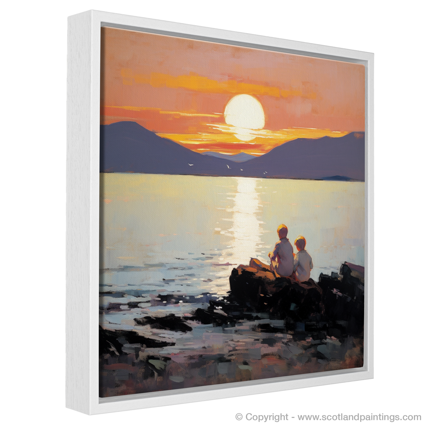 Painting and Art Print of Young explorers watching the sunset over the Isle of Arran from the peaceful Saltcoats Beach entitled "Sunset Serenity on Saltcoats Beach".