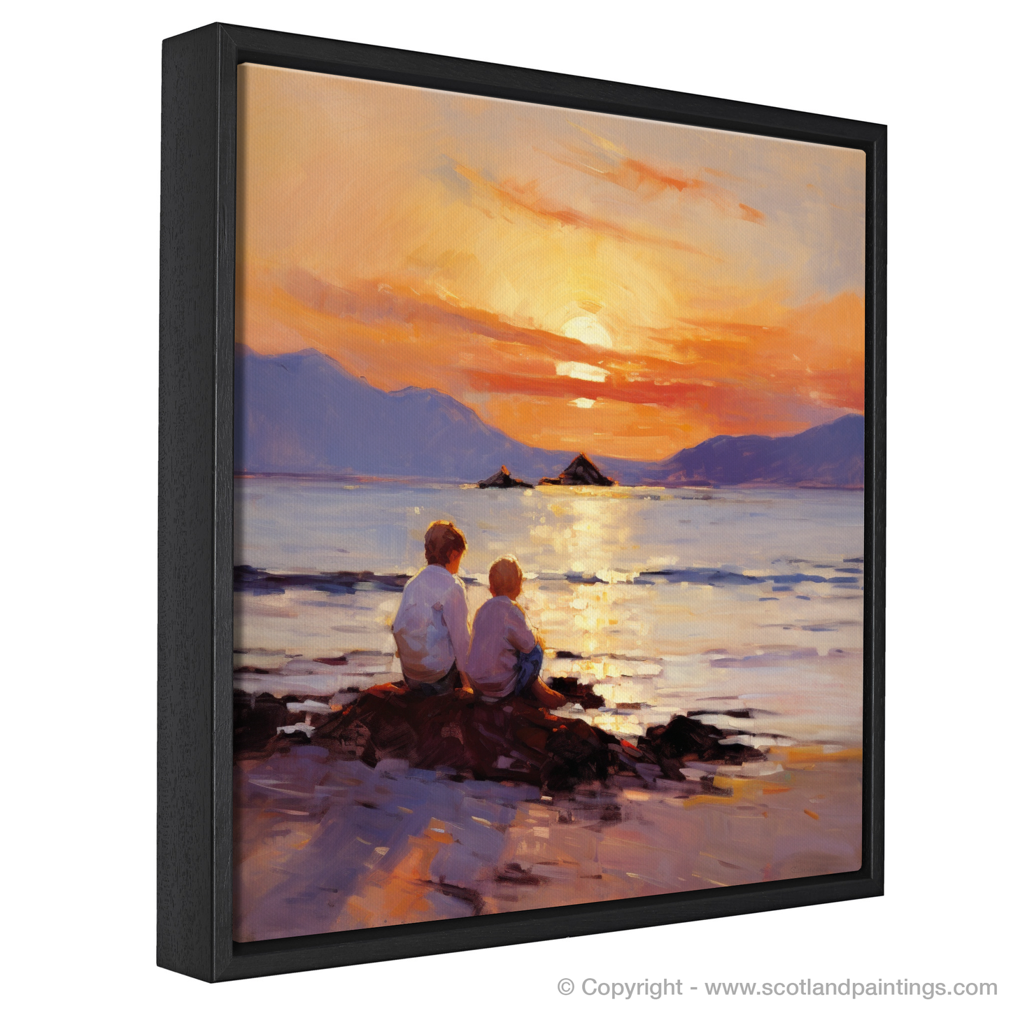 Painting and Art Print of Young explorers watching the sunset over the Isle of Arran from the peaceful Saltcoats Beach entitled "Sunset Serenity at Saltcoats Beach with Isle of Arran".