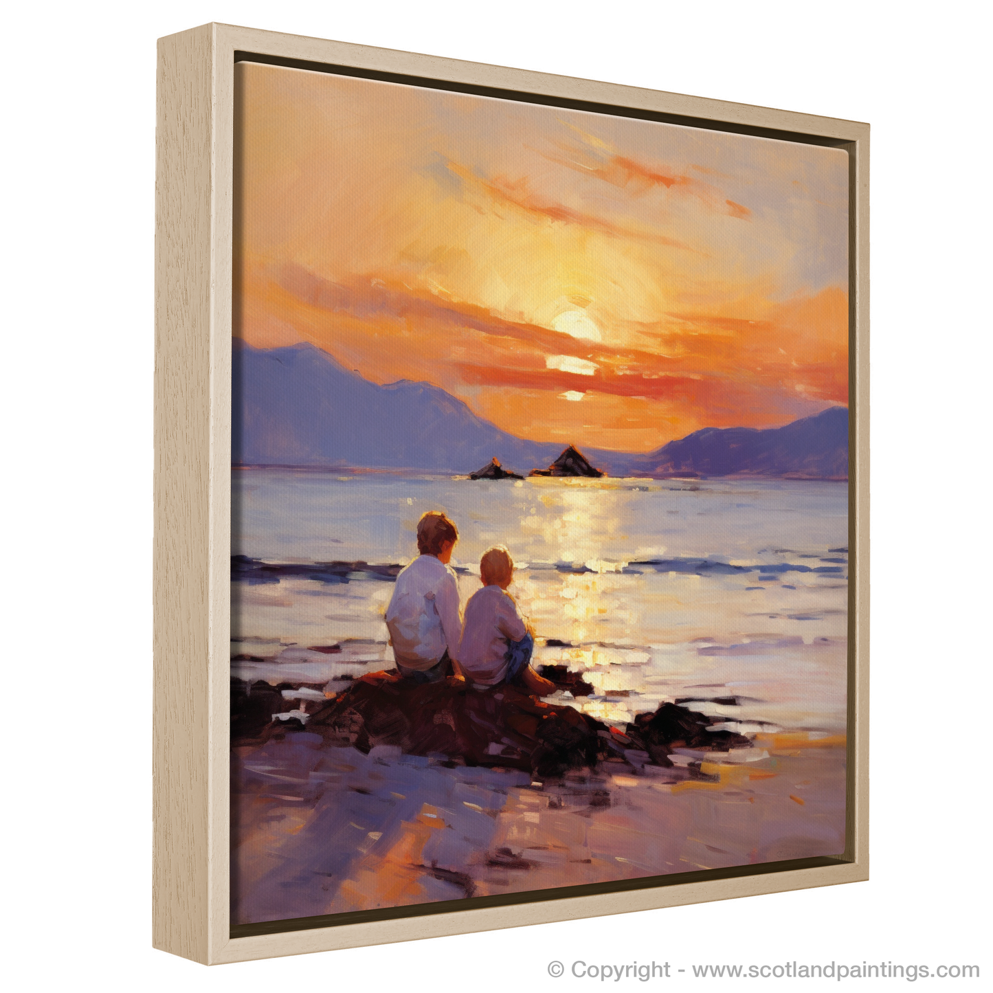 Painting and Art Print of Young explorers watching the sunset over the Isle of Arran from the peaceful Saltcoats Beach entitled "Sunset Serenity at Saltcoats Beach with Isle of Arran".