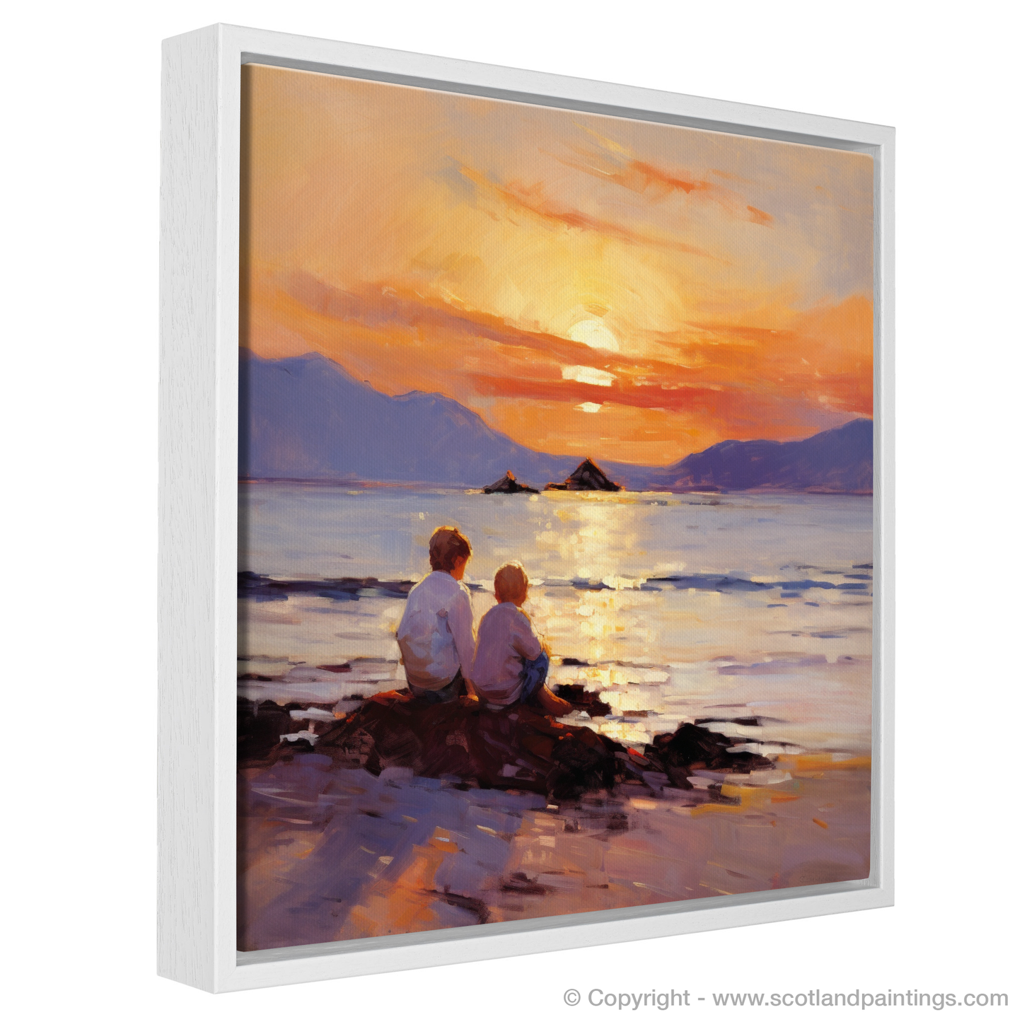 Painting and Art Print of Young explorers watching the sunset over the Isle of Arran from the peaceful Saltcoats Beach entitled "Sunset Serenity at Saltcoats Beach with Isle of Arran".