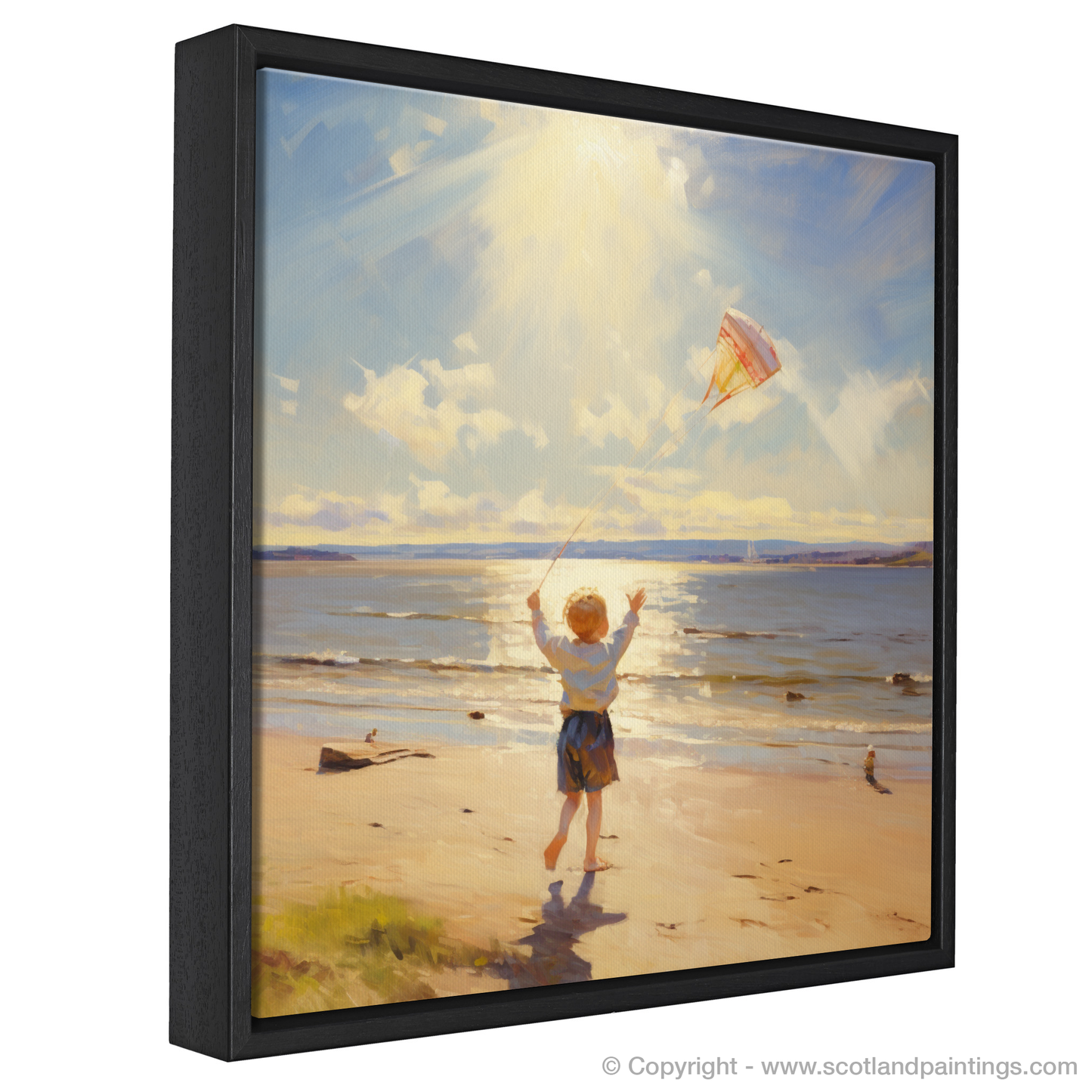 Painting and Art Print of A young boy flying a kite on the expansive shores of Nairn Beach, with the Moray Firth sparkling in the sunlight entitled "Kite Flying Bliss on Nairn Beach".