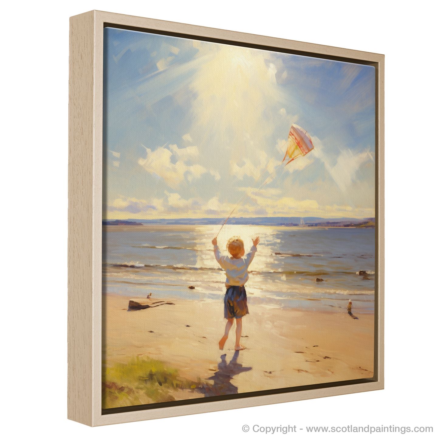 Painting and Art Print of A young boy flying a kite on the expansive shores of Nairn Beach, with the Moray Firth sparkling in the sunlight entitled "Kite Flying Bliss on Nairn Beach".
