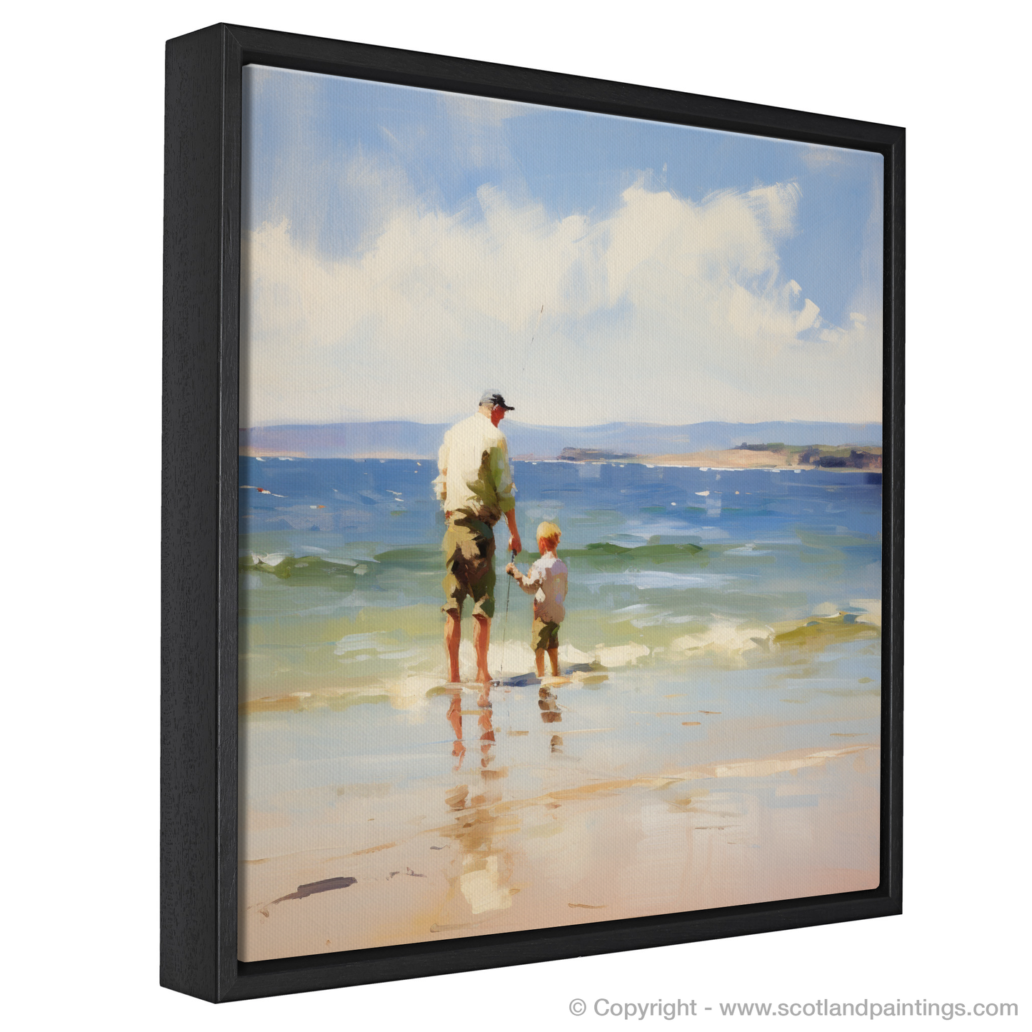 Painting and Art Print of A dad and son fishing at Rosemarkie Beach entitled "Fishing at Rosemarkie Beach: Father and Son Bonding in Nature".