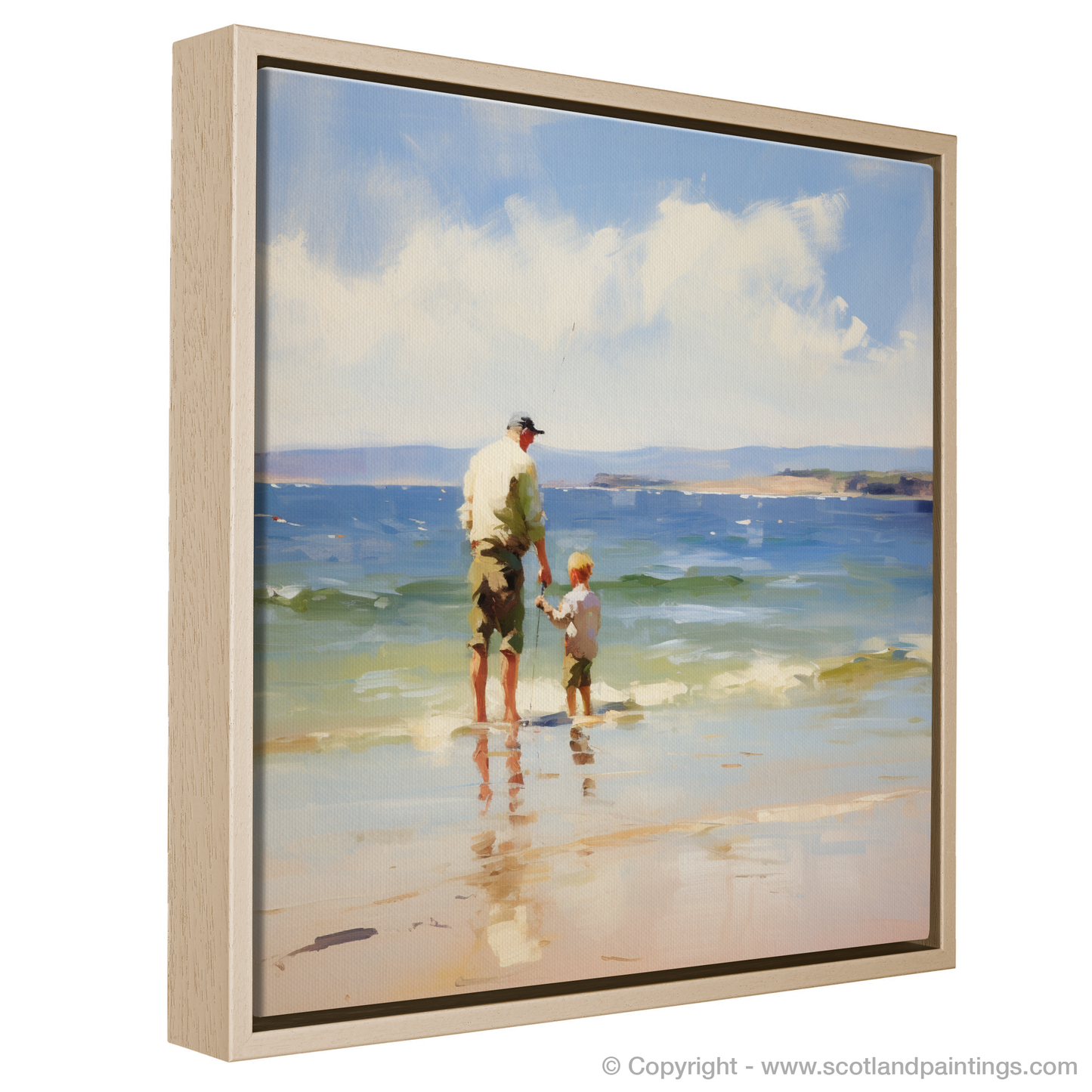 Painting and Art Print of A dad and son fishing at Rosemarkie Beach entitled "Fishing at Rosemarkie Beach: Father and Son Bonding in Nature".