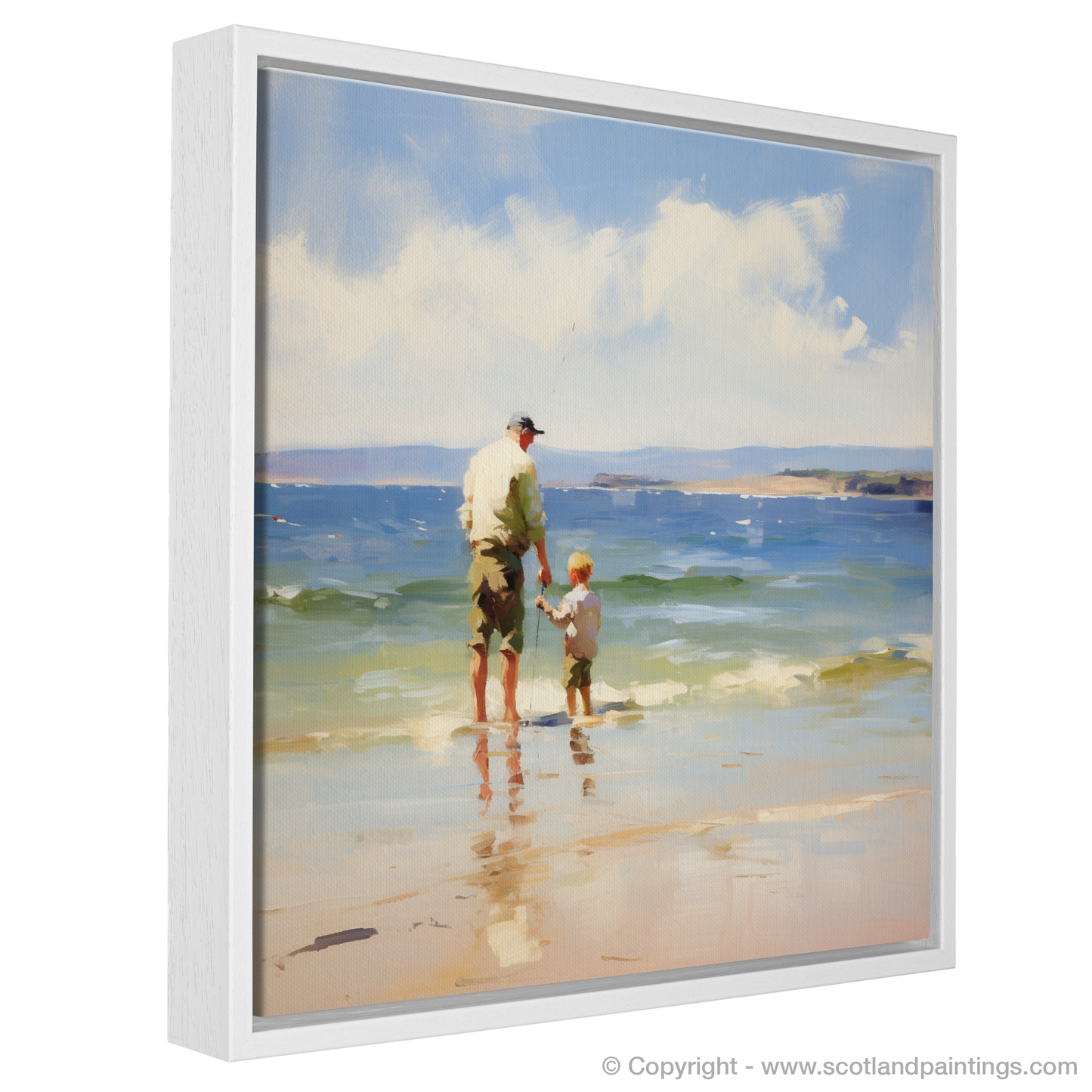 Painting and Art Print of A dad and son fishing at Rosemarkie Beach entitled "Fishing at Rosemarkie Beach: Father and Son Bonding in Nature".