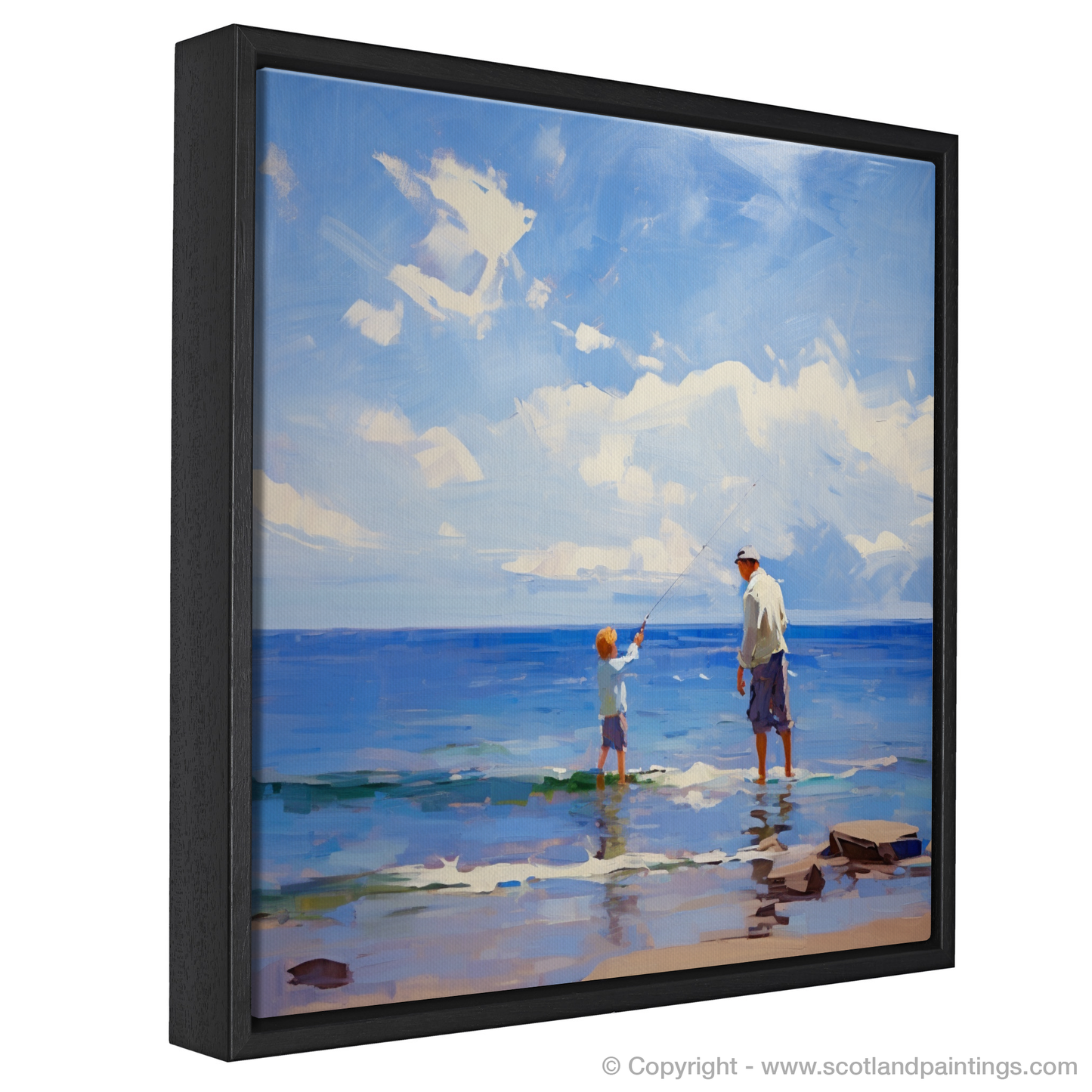 Painting and Art Print of A dad and son fishing at Rosemarkie Beach entitled "Fishing Together at Rosemarkie Beach - An Impressionist Reflection of Father-Son Bonding".