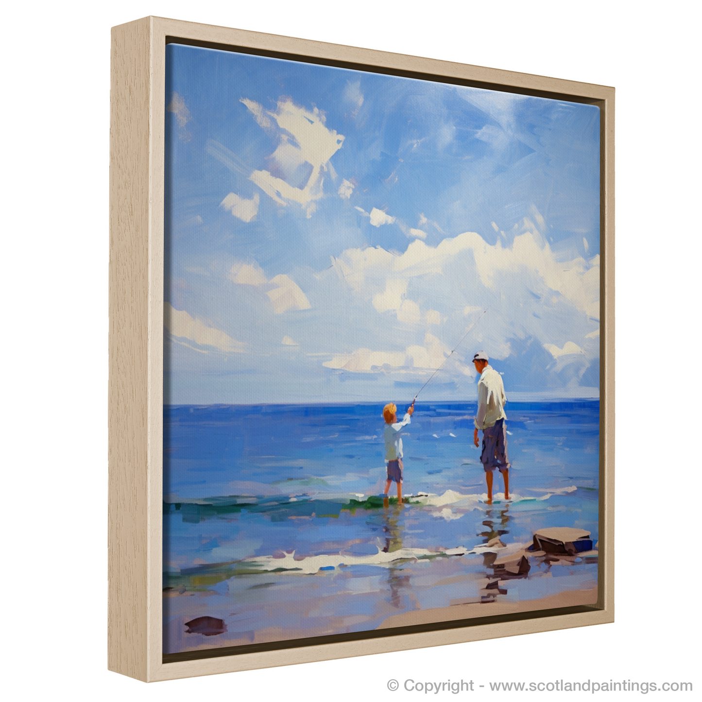 Painting and Art Print of A dad and son fishing at Rosemarkie Beach entitled "Fishing Together at Rosemarkie Beach - An Impressionist Reflection of Father-Son Bonding".
