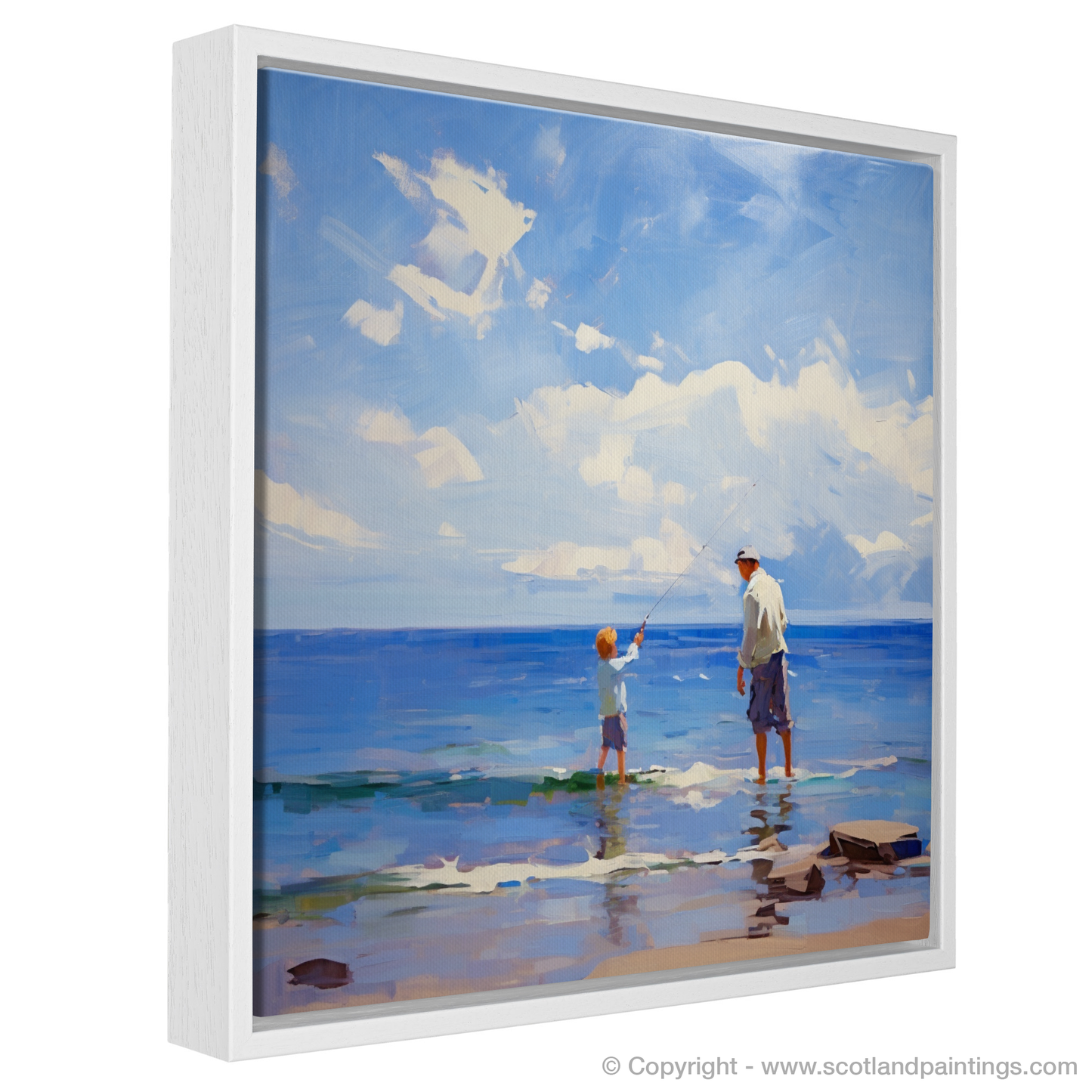 Painting and Art Print of A dad and son fishing at Rosemarkie Beach entitled "Fishing Together at Rosemarkie Beach - An Impressionist Reflection of Father-Son Bonding".