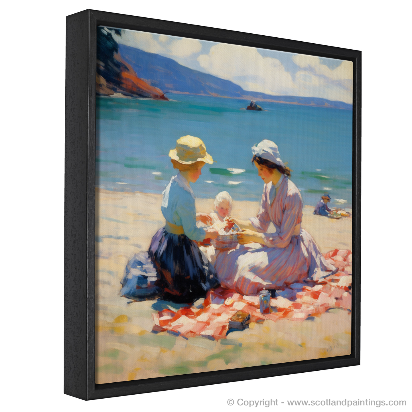 Painting and Art Print of A mum and daughter having a picnic at Oban Beach entitled "Seaside Elegance: A Mother and Daughter's Picnic at Oban Beach".