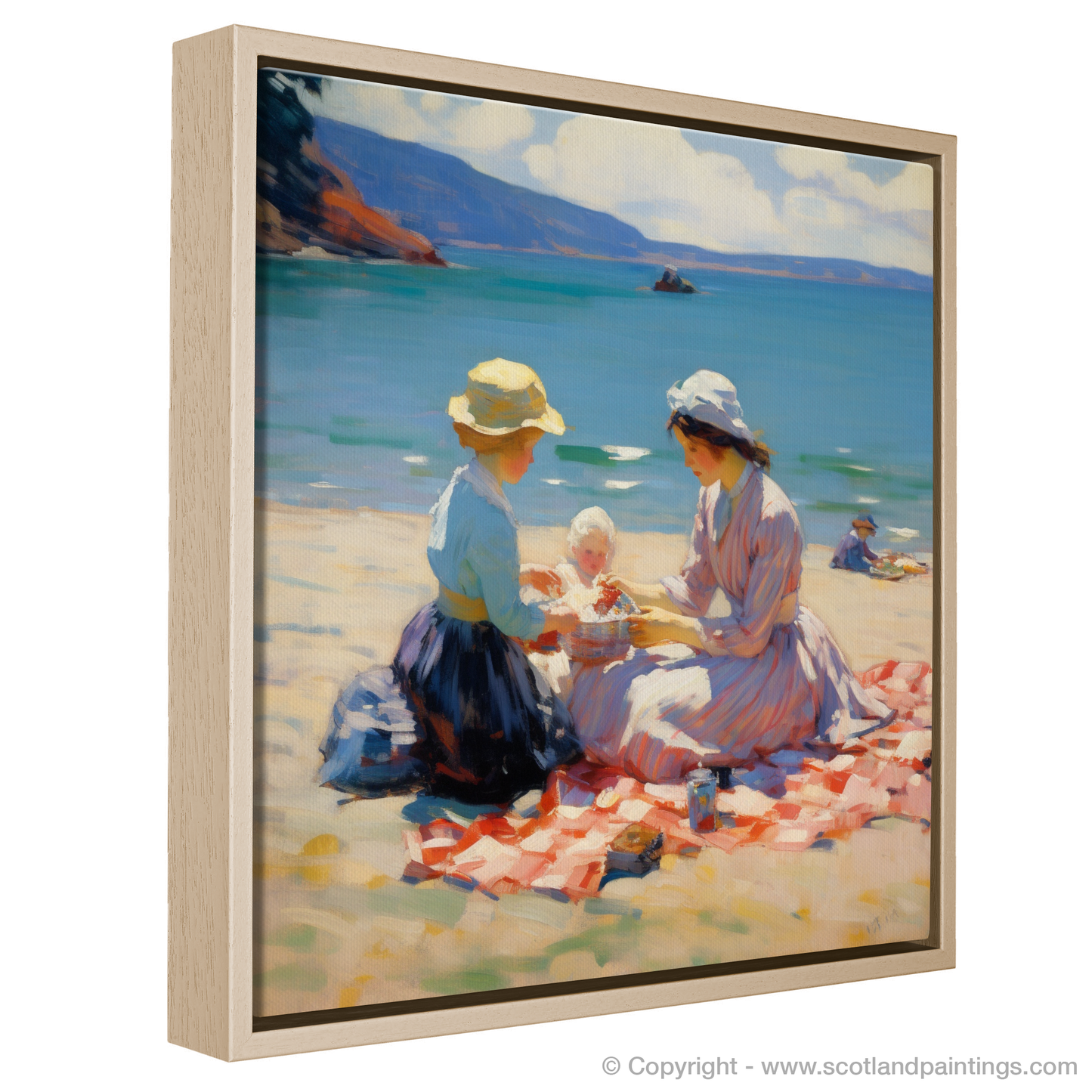 Painting and Art Print of A mum and daughter having a picnic at Oban Beach entitled "Seaside Elegance: A Mother and Daughter's Picnic at Oban Beach".