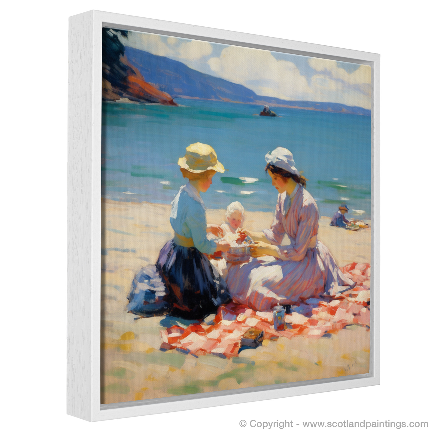 Painting and Art Print of A mum and daughter having a picnic at Oban Beach entitled "Seaside Elegance: A Mother and Daughter's Picnic at Oban Beach".