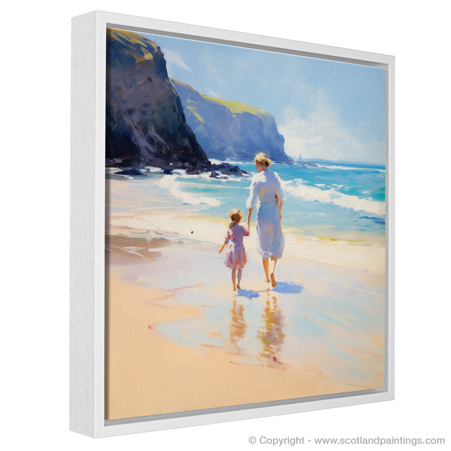 Painting and Art Print of A mum and daughter exploring Sandwood Bay entitled "Mother and Daughter's Coastal Wander at Sandwood Bay".