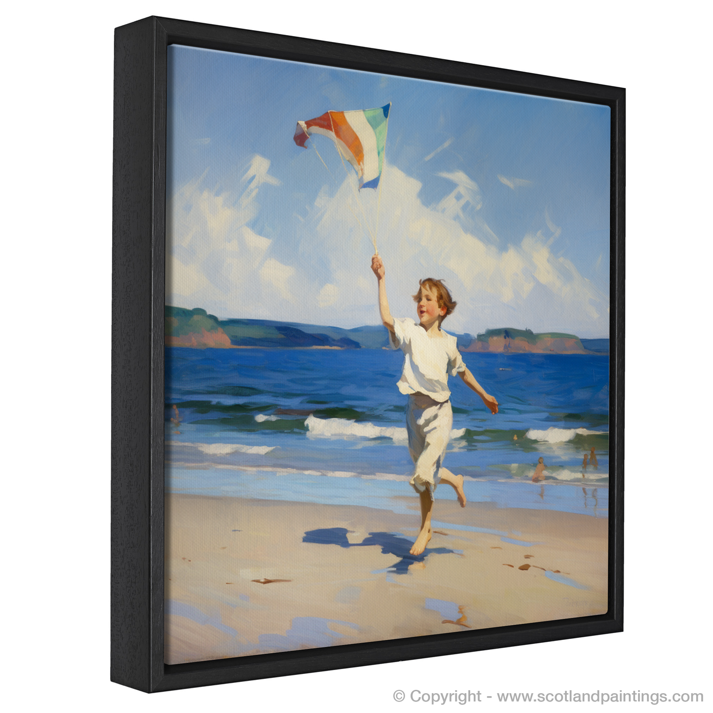 Painting and Art Print of A boy flying a kite at Culzean Beach entitled "Soaring Spirits at Culzean Beach".