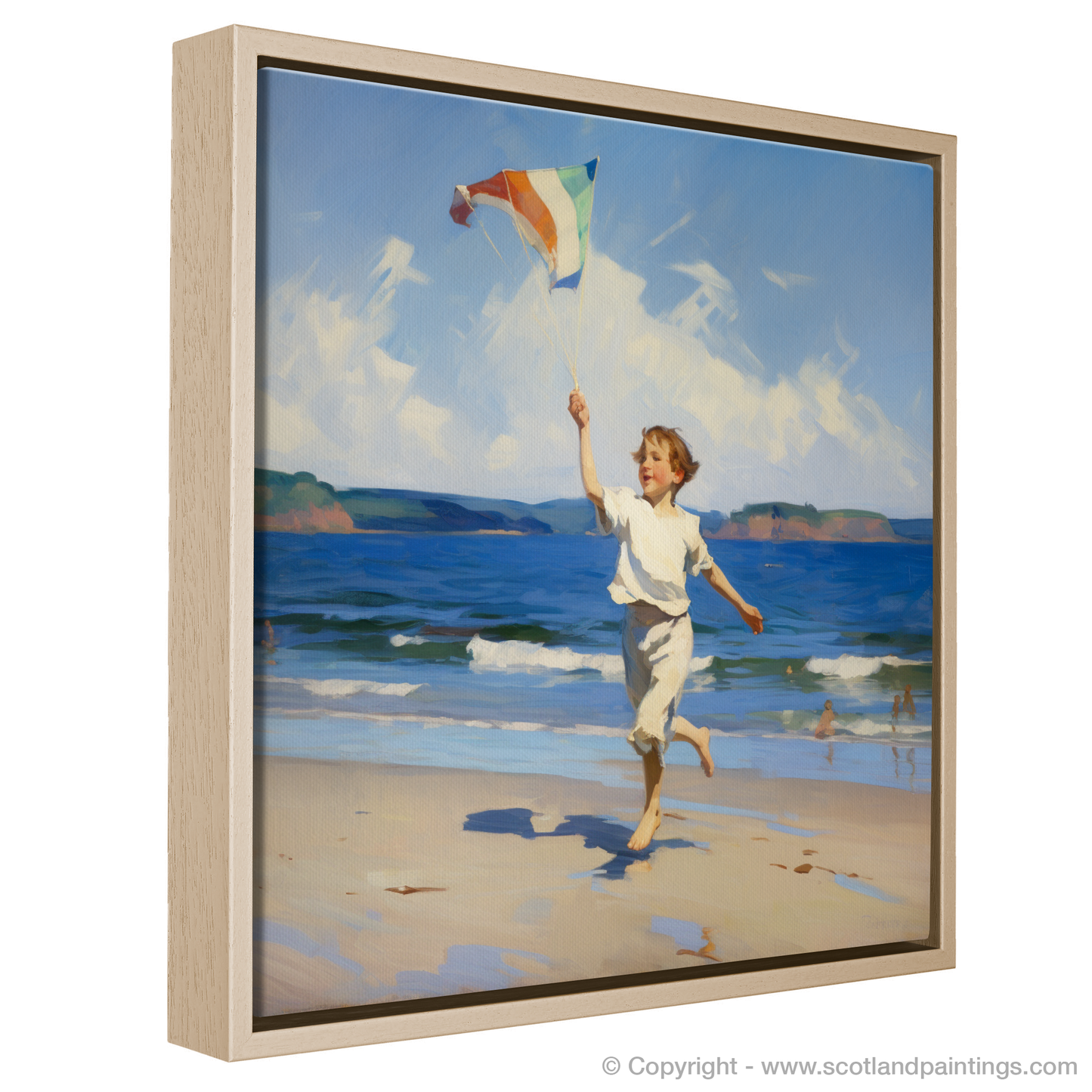 Painting and Art Print of A boy flying a kite at Culzean Beach entitled "Soaring Spirits at Culzean Beach".