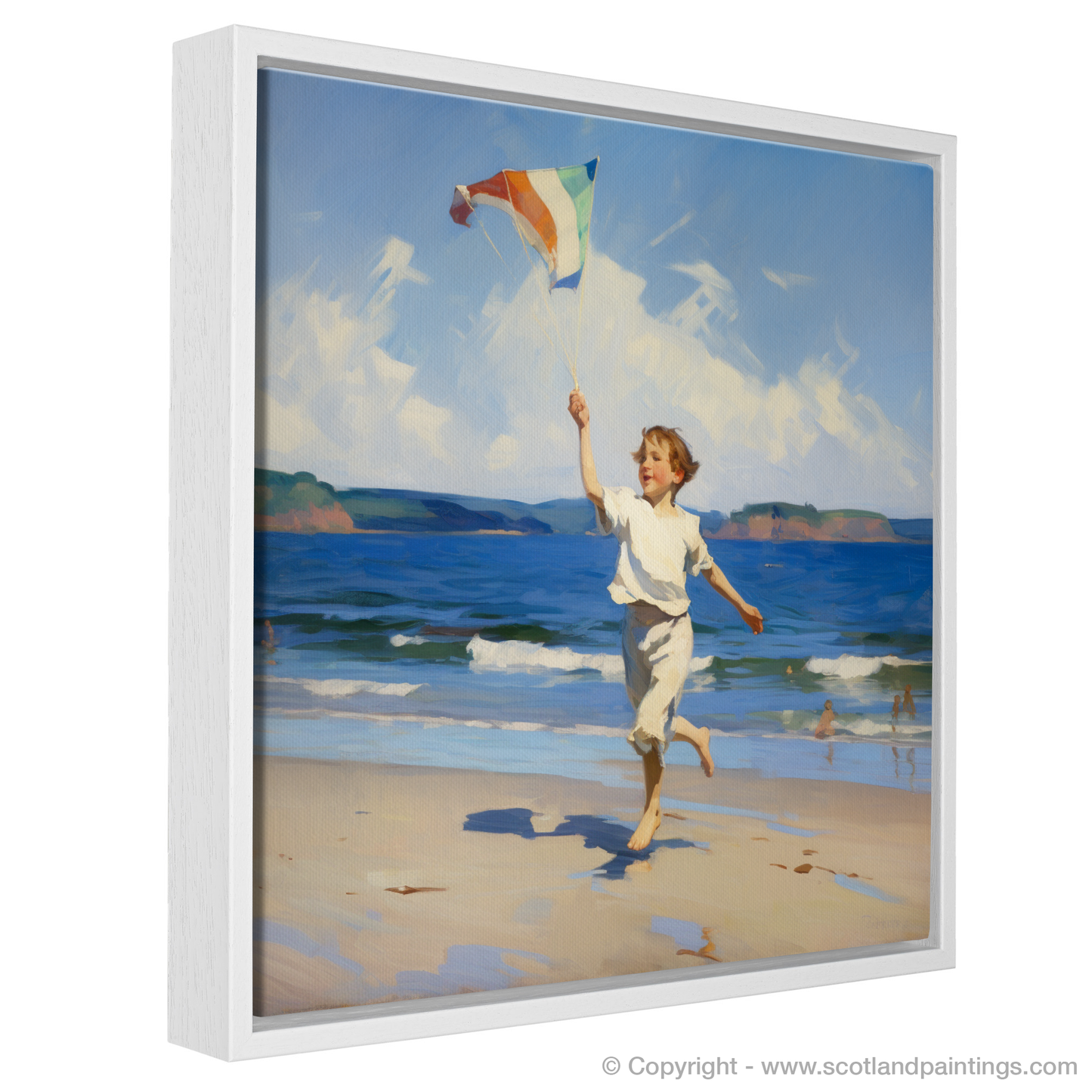 Painting and Art Print of A boy flying a kite at Culzean Beach entitled "Soaring Spirits at Culzean Beach".