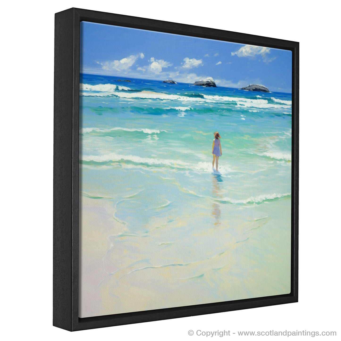 Painting and Art Print of A girl paddling in the sea at Tiree Beach entitled "Solitary Serenity at Tiree Beach".