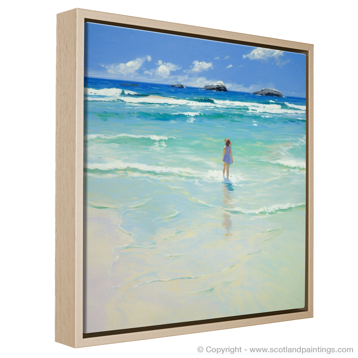 Painting and Art Print of A girl paddling in the sea at Tiree Beach entitled "Solitary Serenity at Tiree Beach".