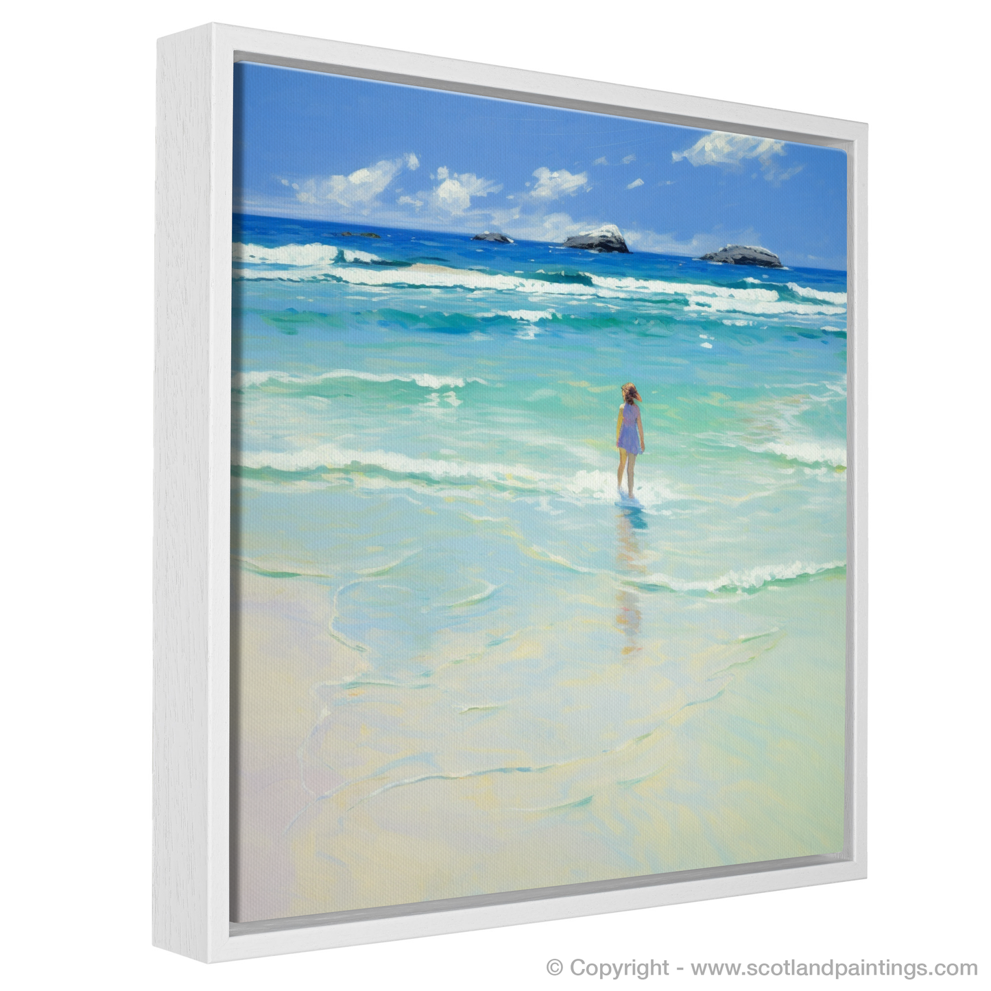 Painting and Art Print of A girl paddling in the sea at Tiree Beach entitled "Solitary Serenity at Tiree Beach".