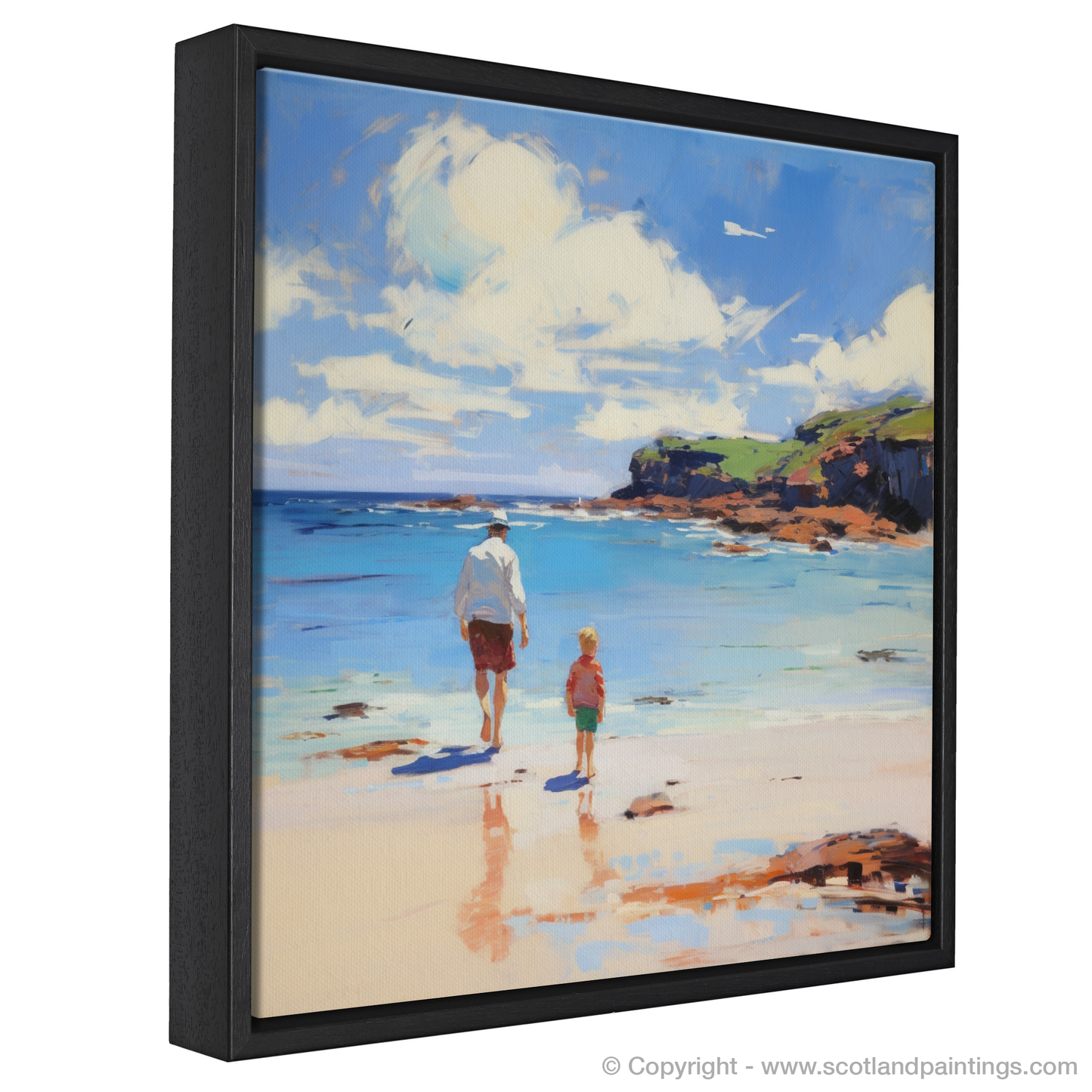 Painting and Art Print of A dad and son walking on Coldingham Bay. Coastal Embrace: Father and Son at Coldingham Bay.