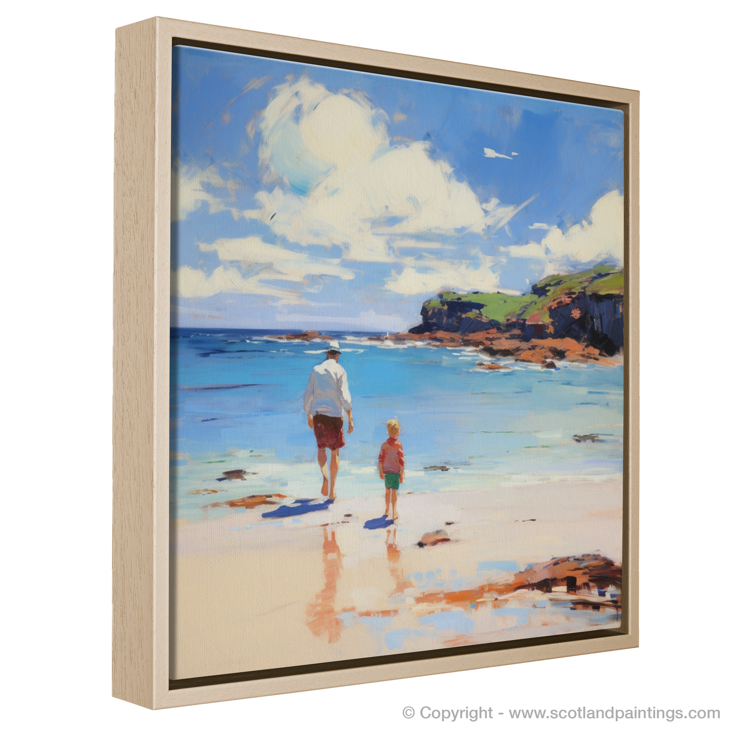 Painting and Art Print of A dad and son walking on Coldingham Bay. Coastal Embrace: Father and Son at Coldingham Bay.