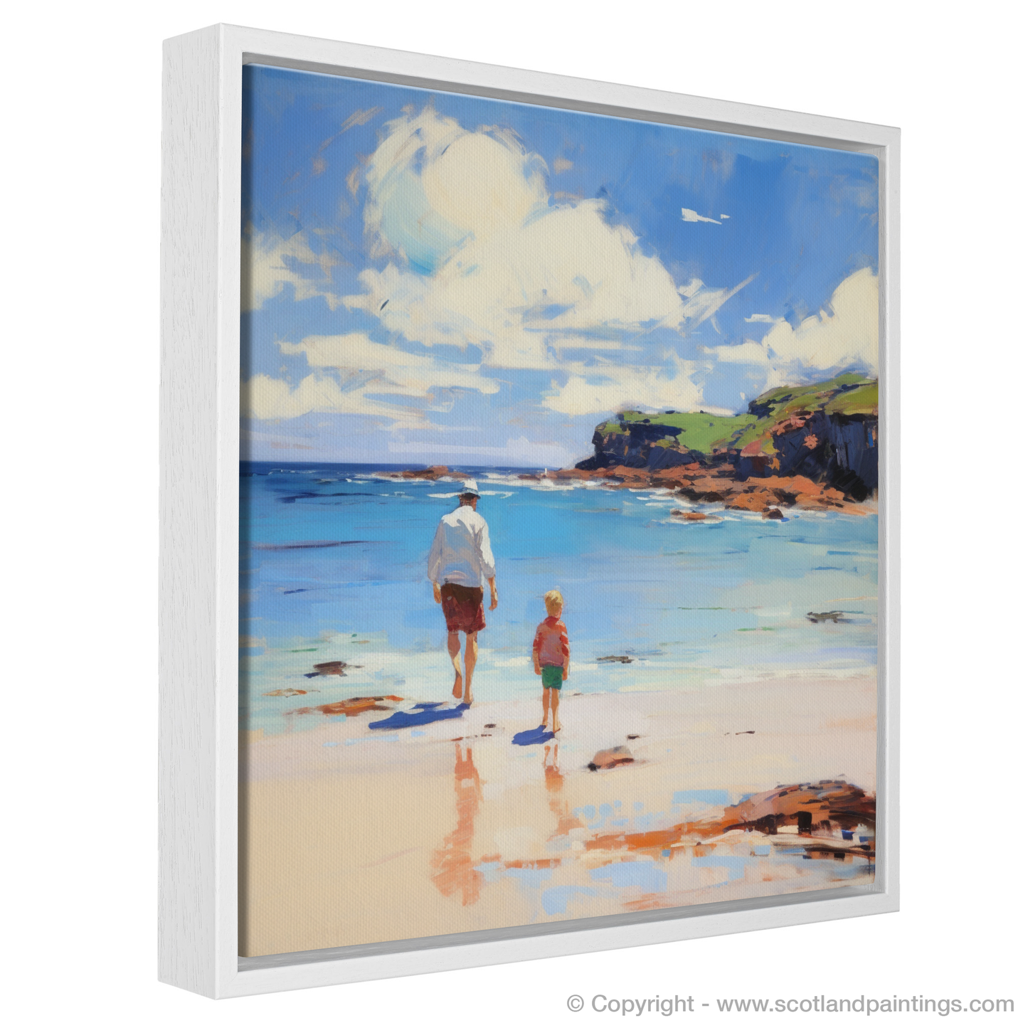 Painting and Art Print of A dad and son walking on Coldingham Bay. Coastal Embrace: Father and Son at Coldingham Bay.
