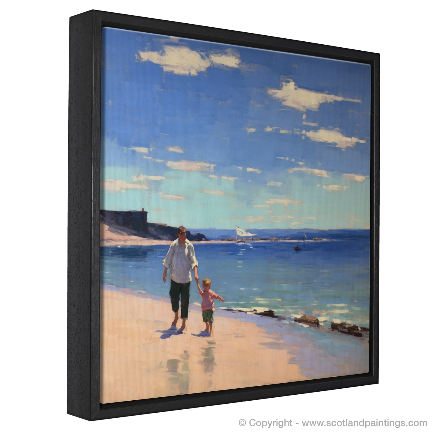 Painting and Art Print of A dad and son walking on Coldingham Bay entitled "Sunset Stroll at Coldingham Bay".