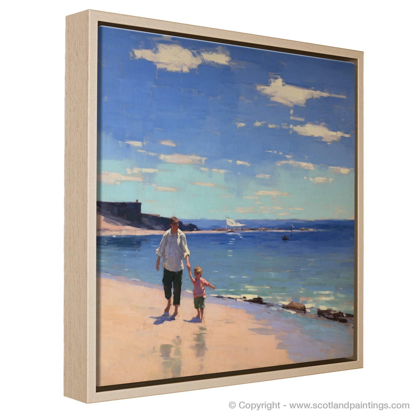 Painting and Art Print of A dad and son walking on Coldingham Bay entitled "Sunset Stroll at Coldingham Bay".