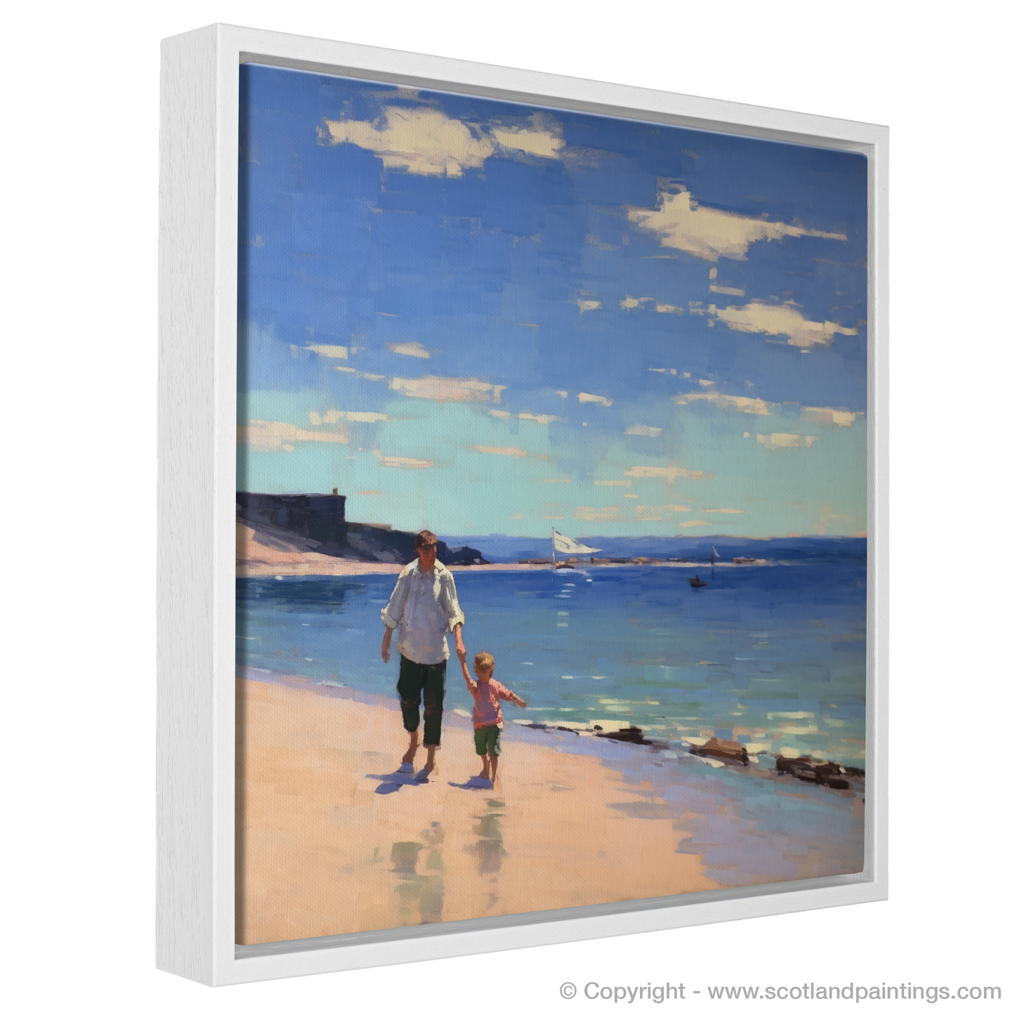 Painting and Art Print of A dad and son walking on Coldingham Bay entitled "Sunset Stroll at Coldingham Bay".