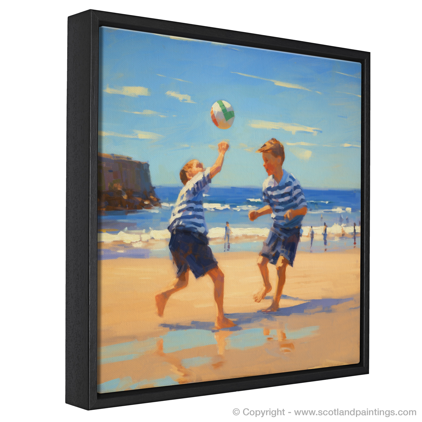 Painting and Art Print of Two boys playing beach volleyball at Burghead Beach entitled "Summer Frolics at Burghead Beach".