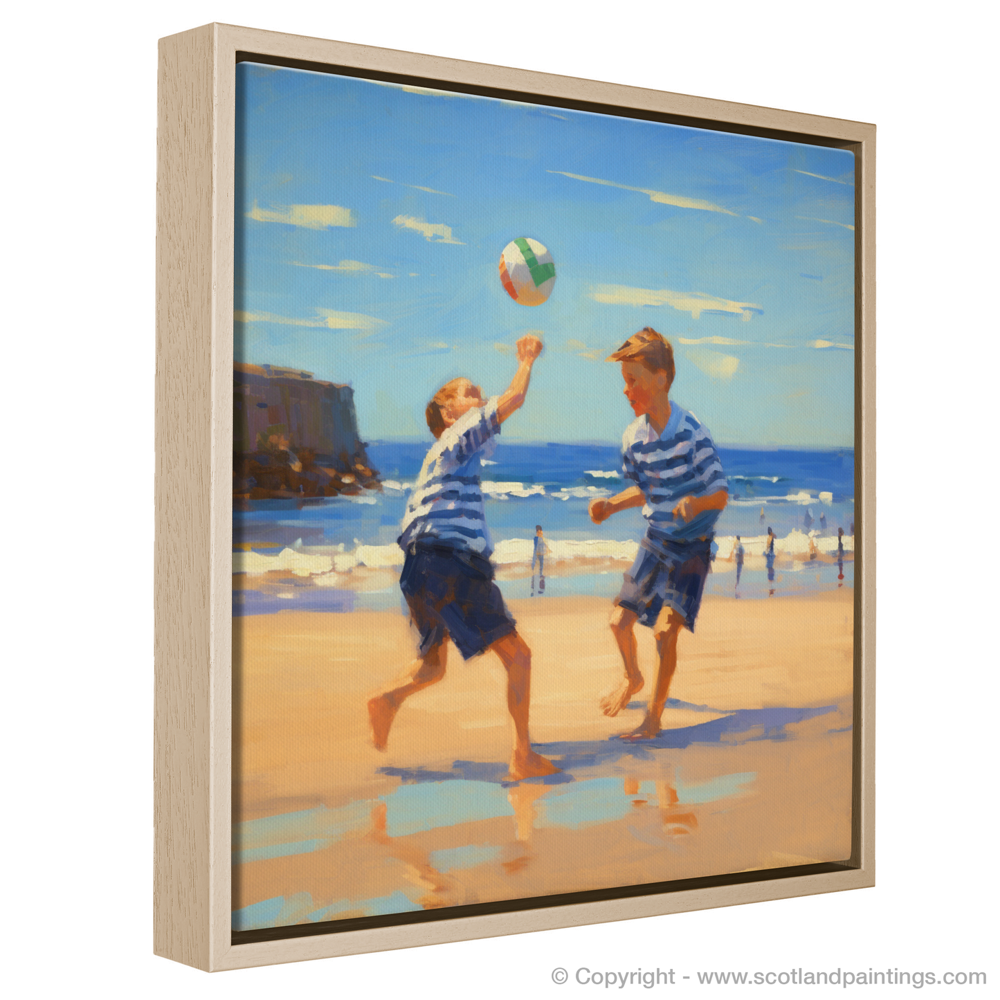 Painting and Art Print of Two boys playing beach volleyball at Burghead Beach entitled "Summer Frolics at Burghead Beach".