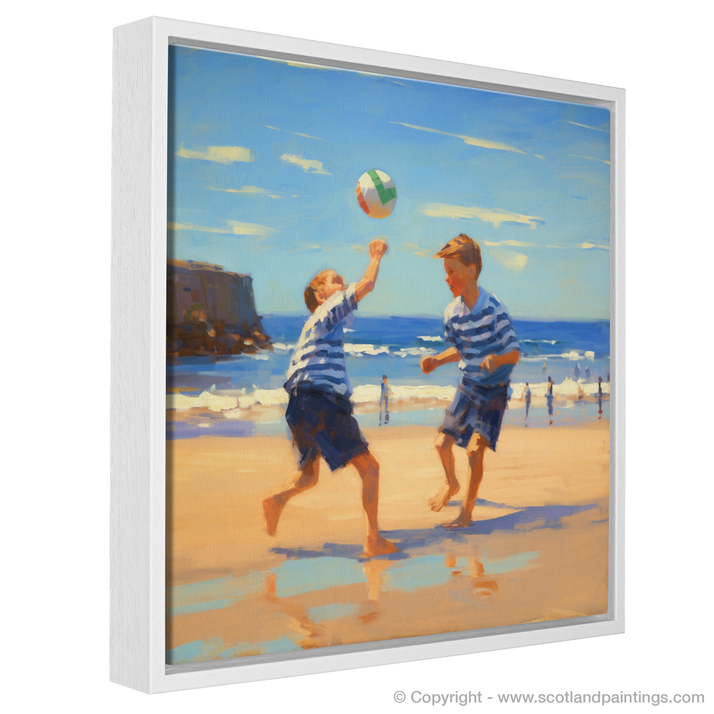 Painting and Art Print of Two boys playing beach volleyball at Burghead Beach entitled "Summer Frolics at Burghead Beach".