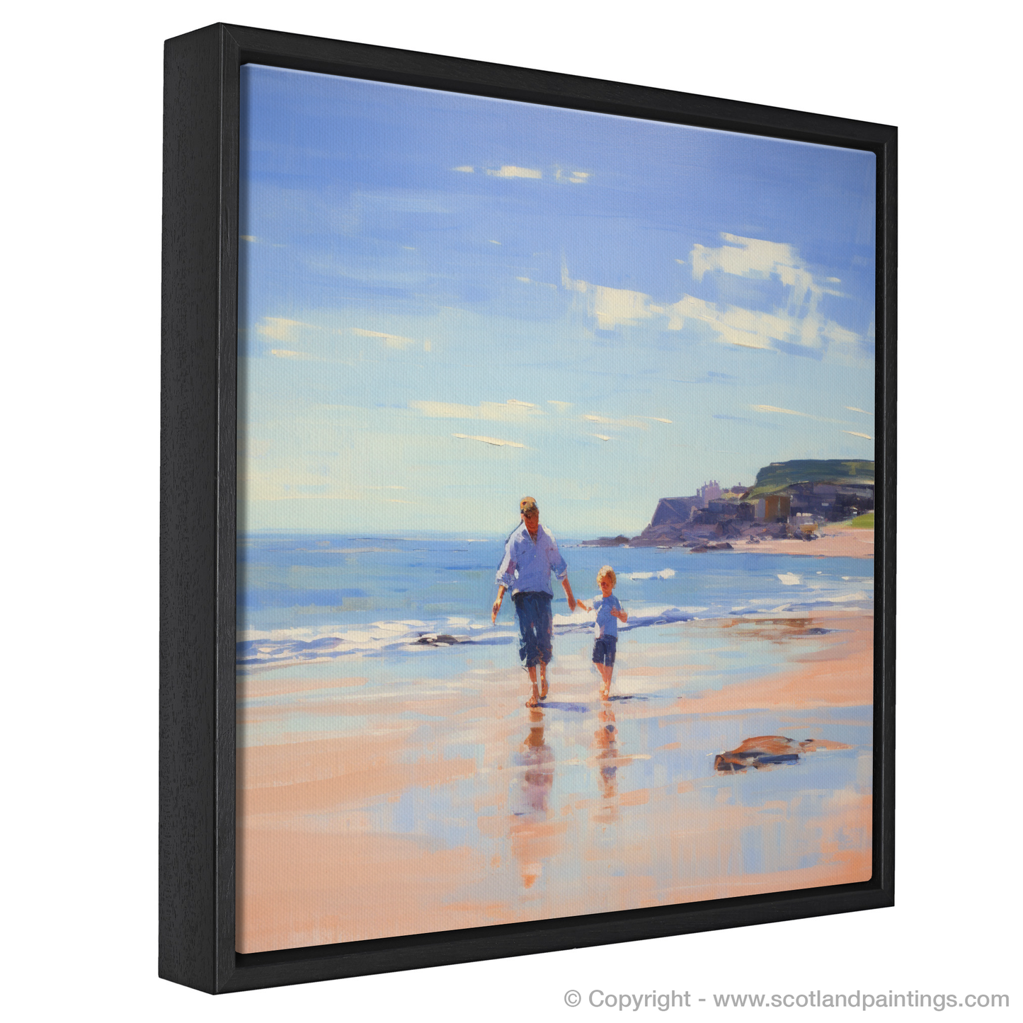 Painting and Art Print of A dad and son walking on Coldingham Bay entitled "Father and Son Stroll at Coldingham Bay".