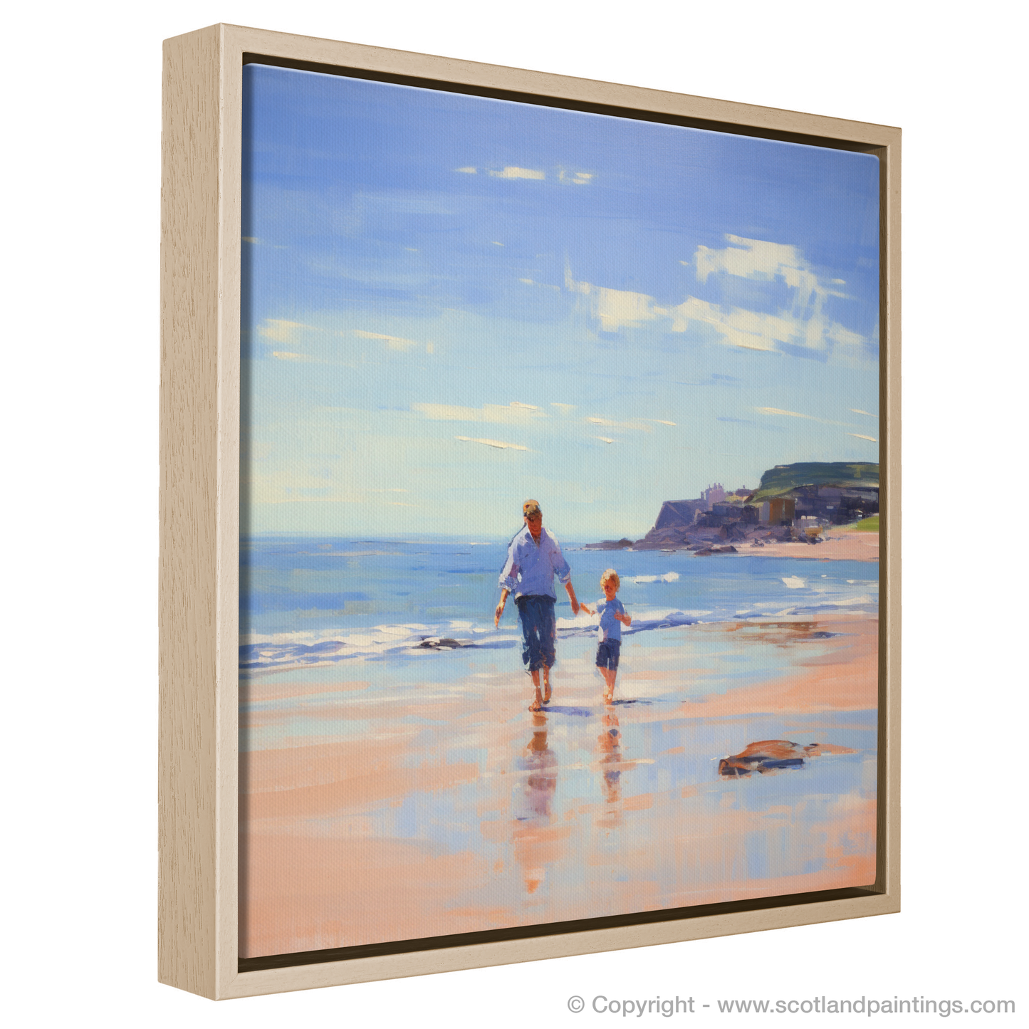 Painting and Art Print of A dad and son walking on Coldingham Bay entitled "Father and Son Stroll at Coldingham Bay".