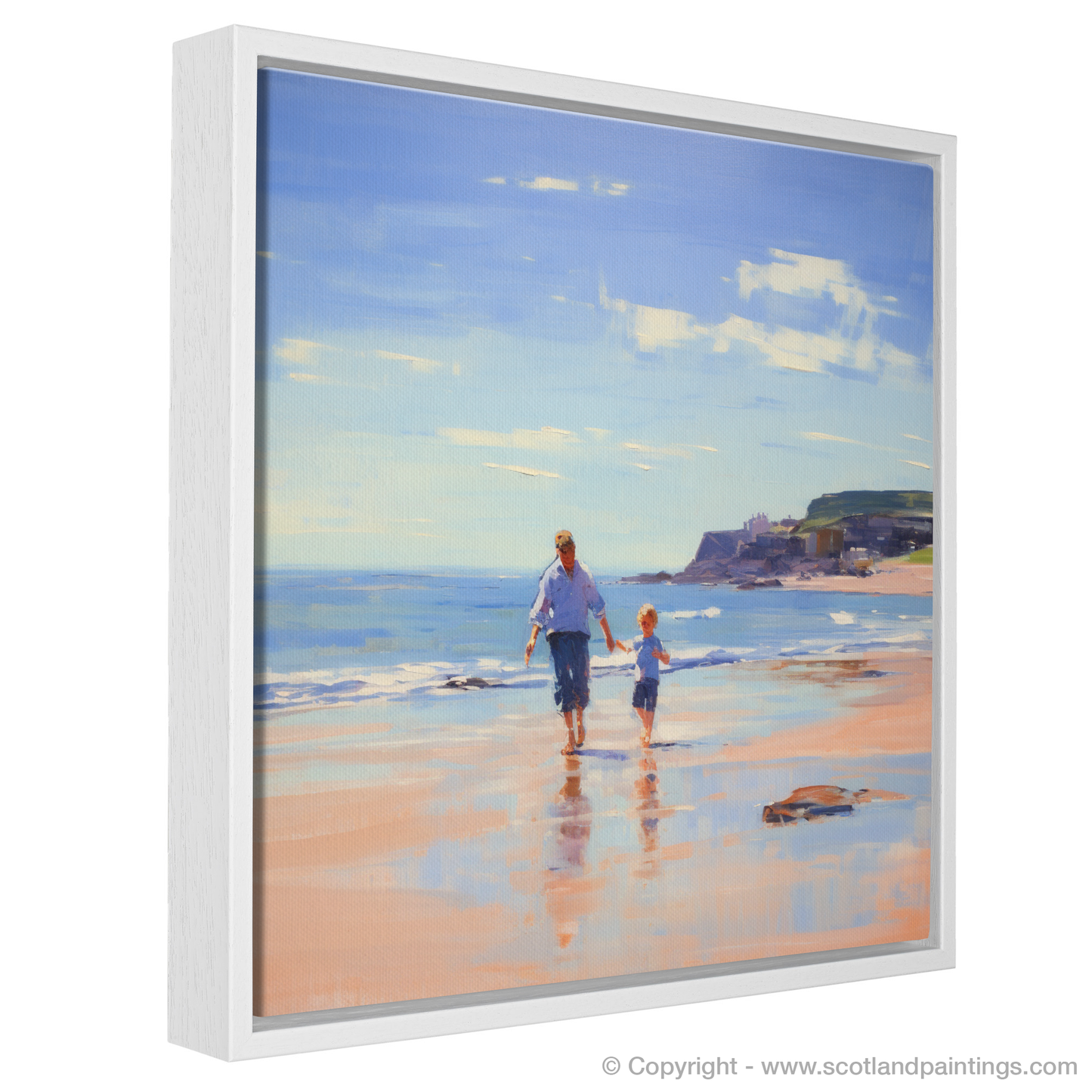 Painting and Art Print of A dad and son walking on Coldingham Bay entitled "Father and Son Stroll at Coldingham Bay".