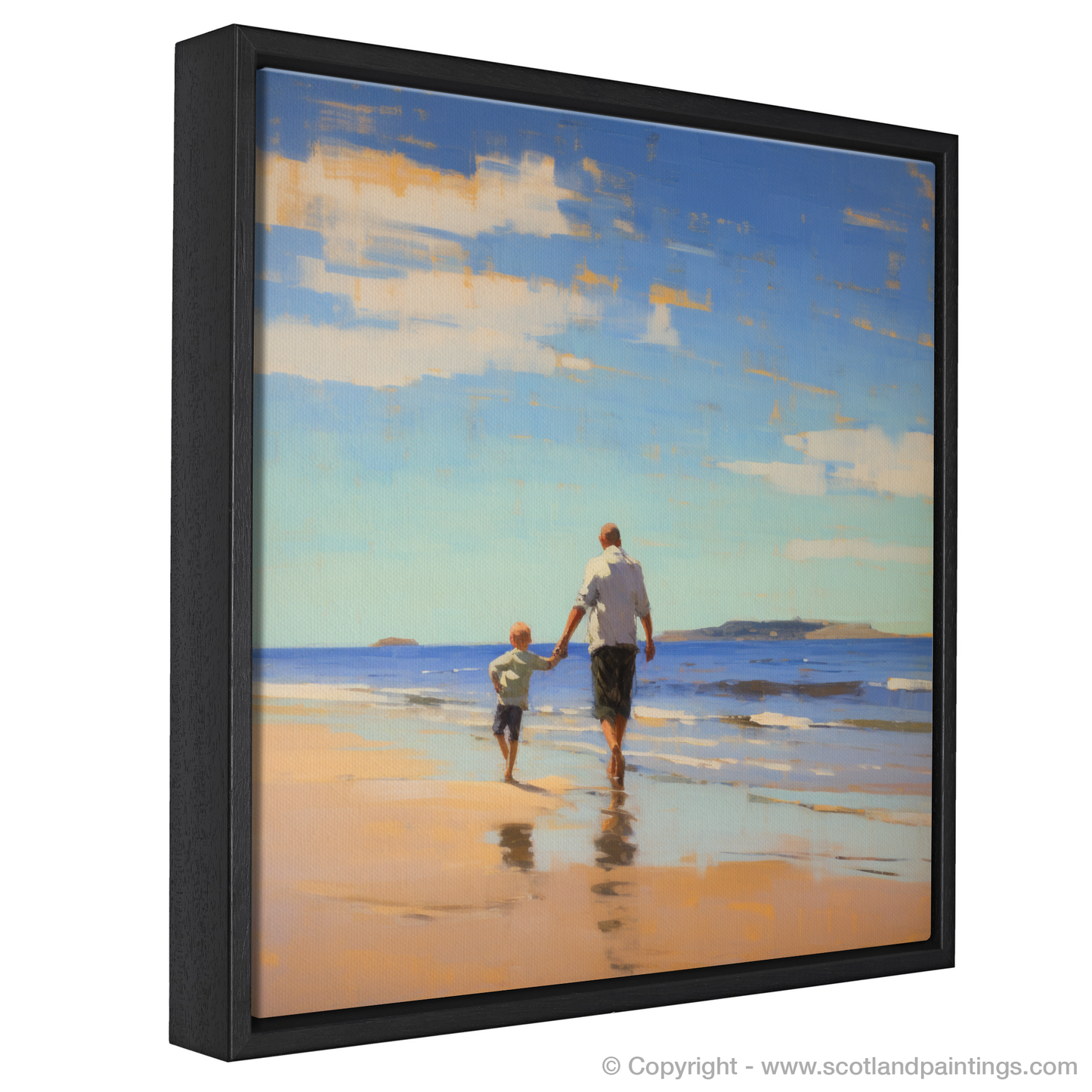 Painting and Art Print of A dad and son walking on Coldingham Bay entitled "Strolling on Coldingham Sands: An Impressionist Tribute to Fatherhood".