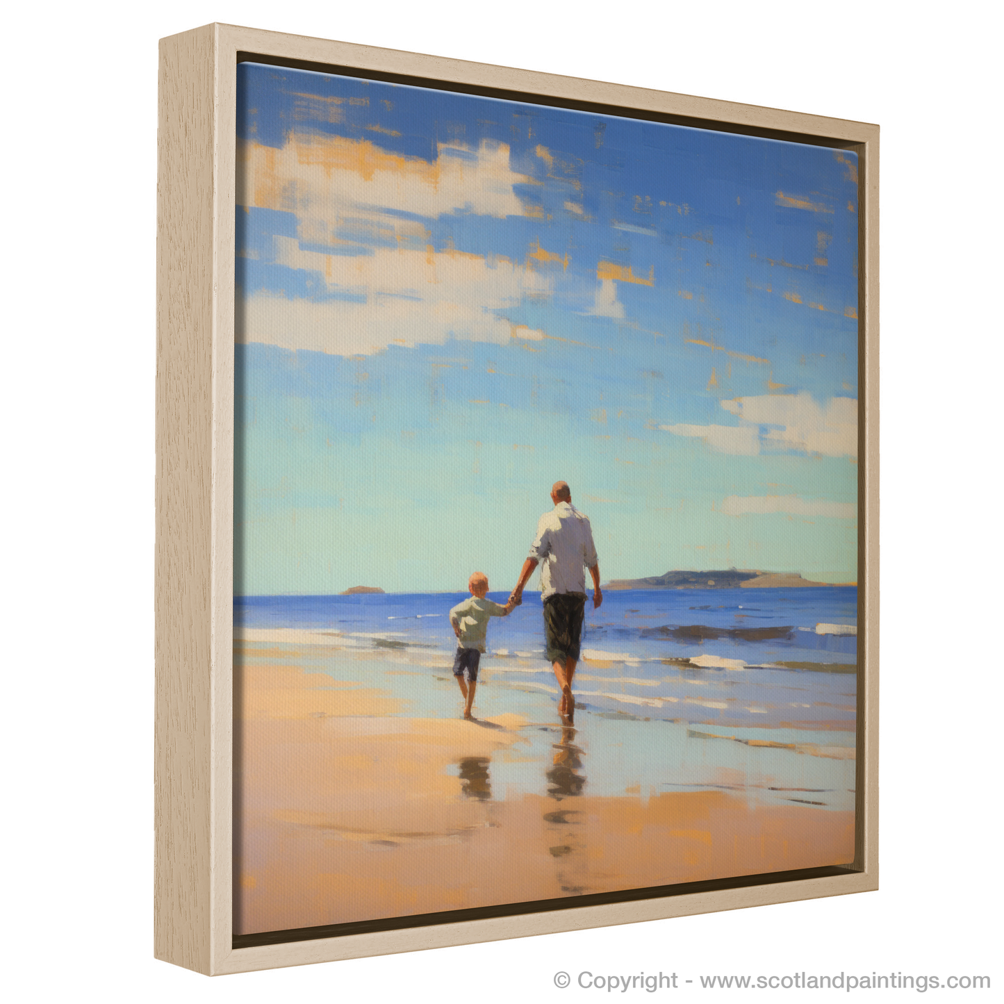 Painting and Art Print of A dad and son walking on Coldingham Bay entitled "Strolling on Coldingham Sands: An Impressionist Tribute to Fatherhood".