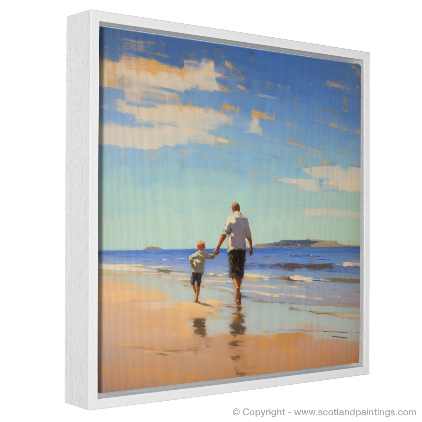 Painting and Art Print of A dad and son walking on Coldingham Bay entitled "Strolling on Coldingham Sands: An Impressionist Tribute to Fatherhood".