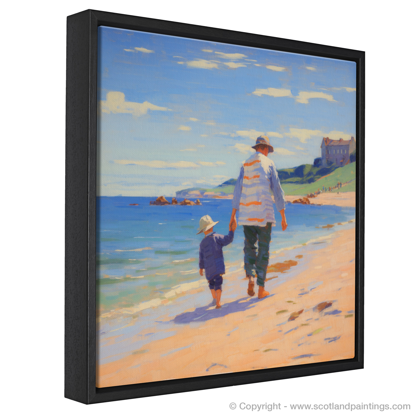 Painting and Art Print of A dad and son walking on Coldingham Bay entitled "Strolling Hand in Hand: A Coldingham Bay Memory".