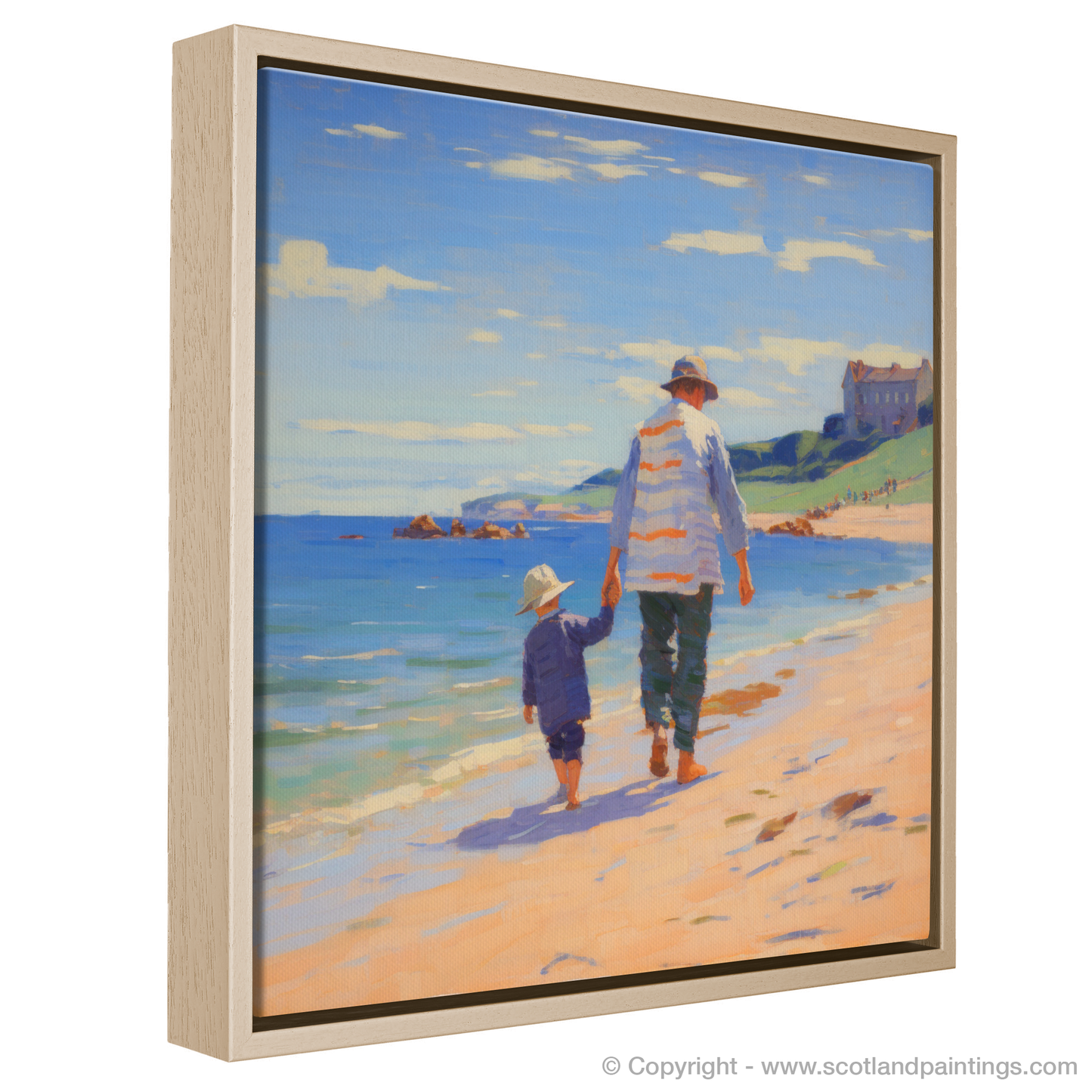 Painting and Art Print of A dad and son walking on Coldingham Bay entitled "Strolling Hand in Hand: A Coldingham Bay Memory".