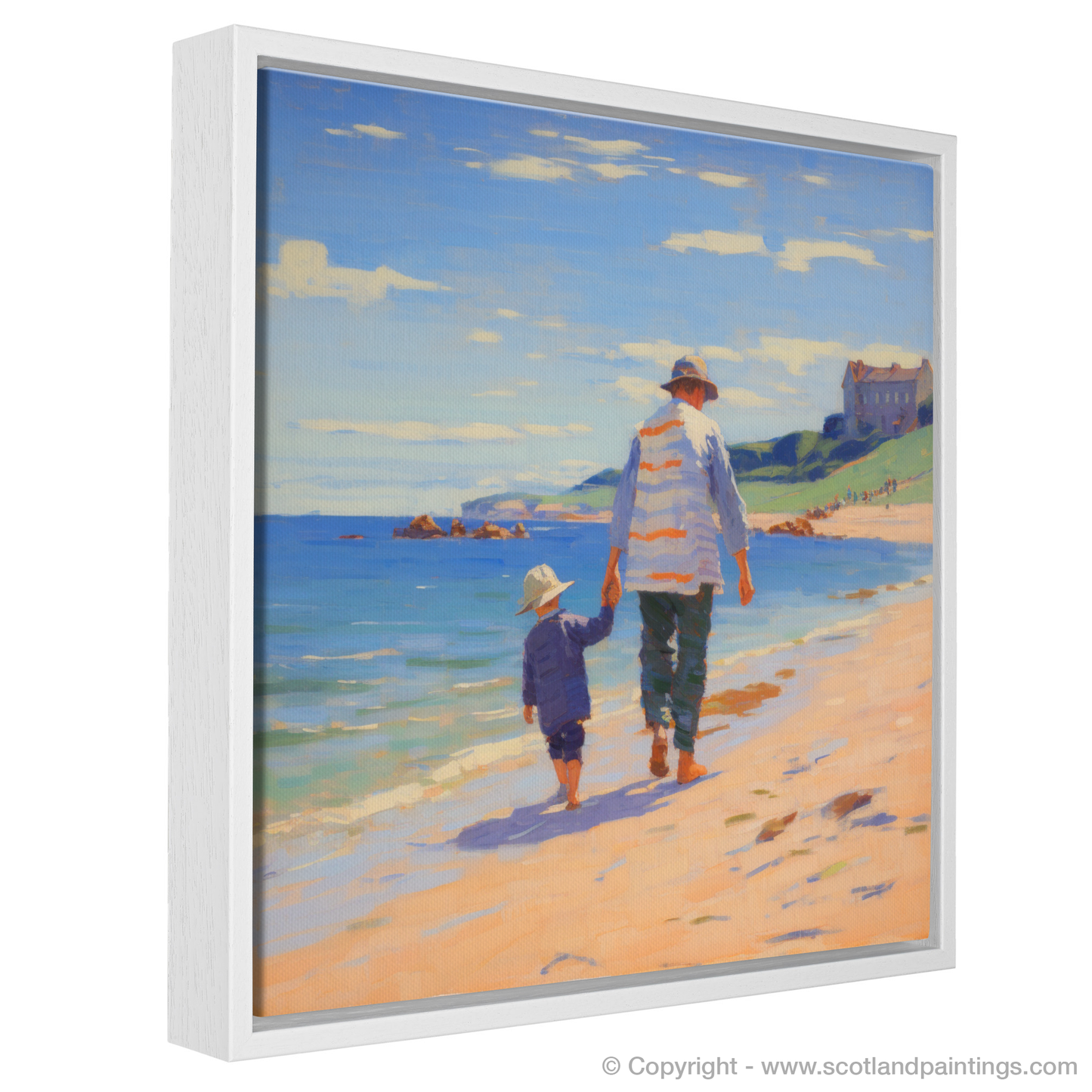 Painting and Art Print of A dad and son walking on Coldingham Bay entitled "Strolling Hand in Hand: A Coldingham Bay Memory".