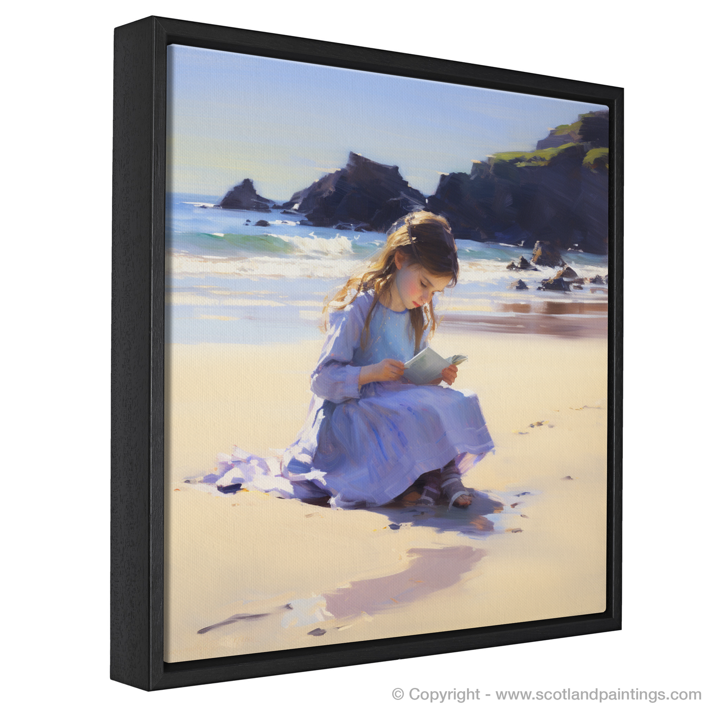 Painting and Art Print of A girl writing her name in the sand at Eyemouth Beach entitled "Ephemeral Impressions at Eyemouth Beach".