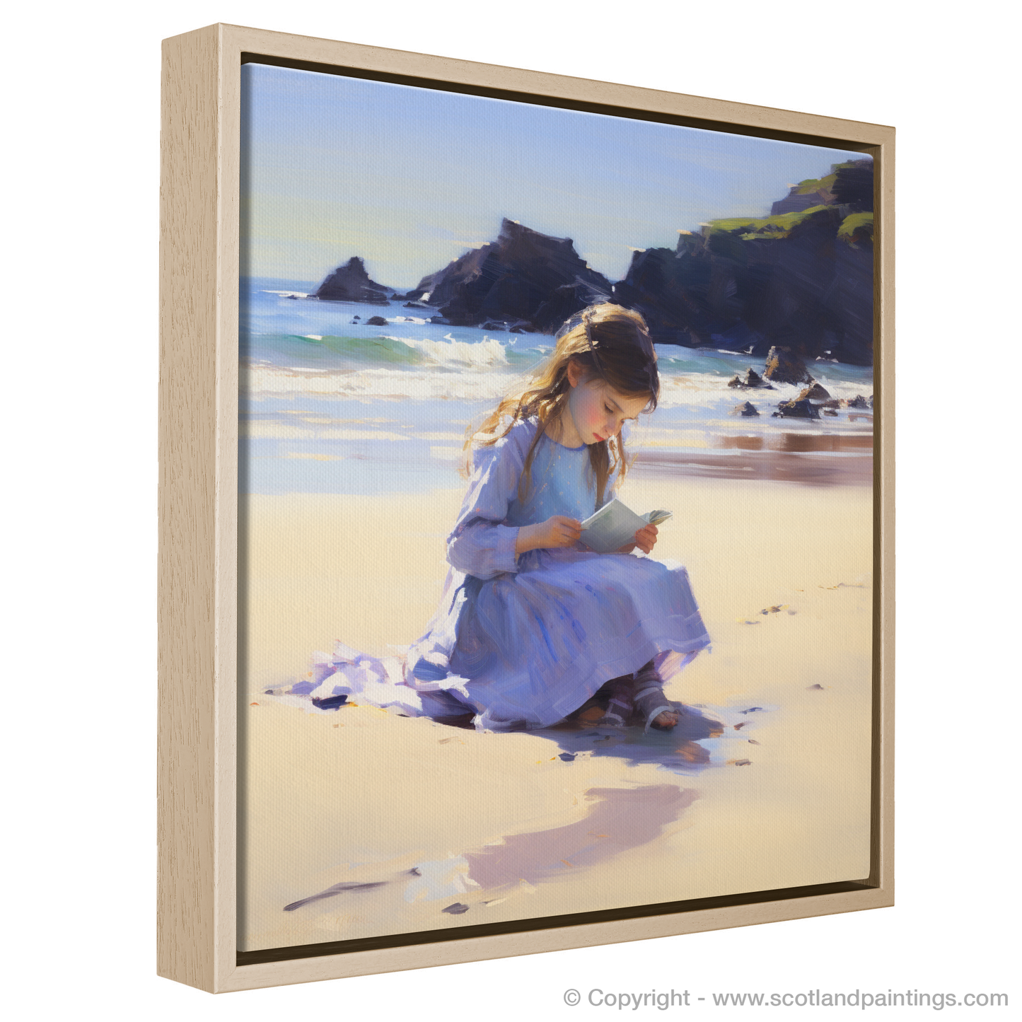 Painting and Art Print of A girl writing her name in the sand at Eyemouth Beach entitled "Ephemeral Impressions at Eyemouth Beach".