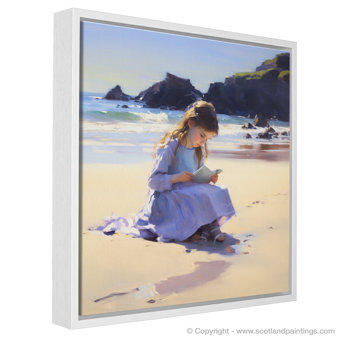 Painting and Art Print of A girl writing her name in the sand at Eyemouth Beach entitled "Ephemeral Impressions at Eyemouth Beach".