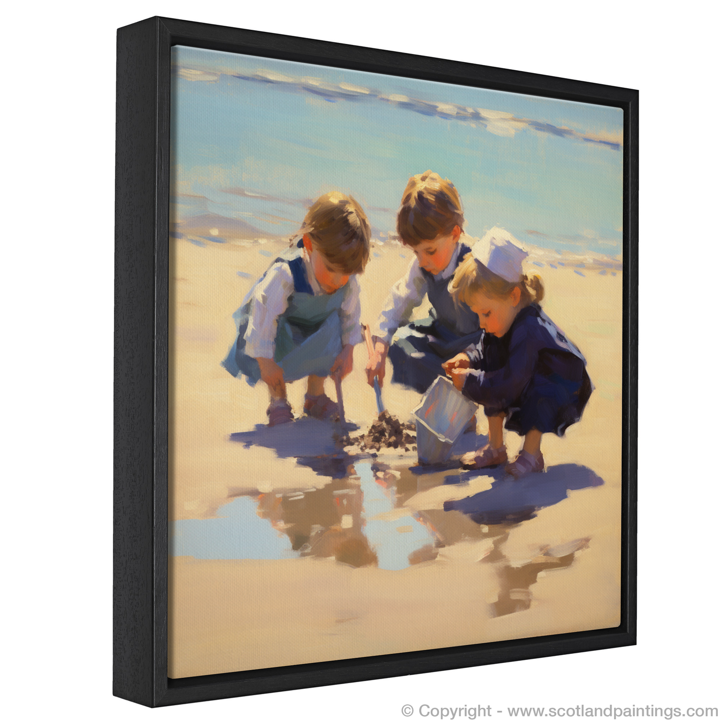 Painting and Art Print of Three children digging in the sand at St. Andrews Beach entitled "Children of the Shore: A Day at St. Andrews Beach".